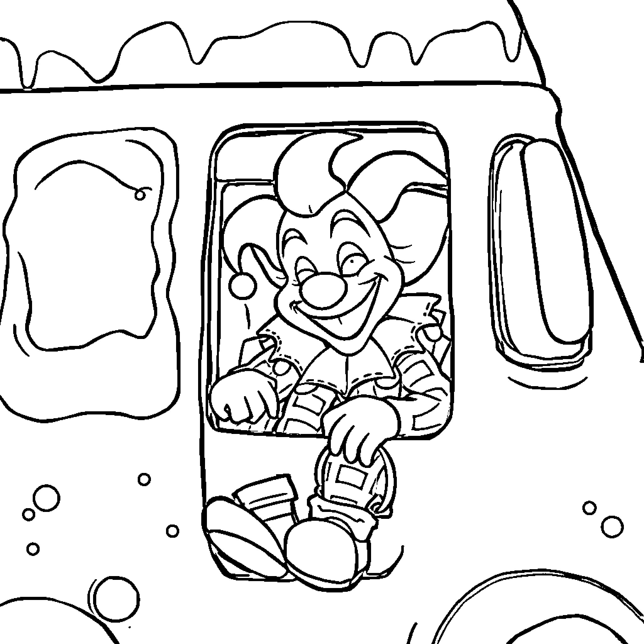 Clown inside playful cartoon vehicle Coloring Page (free black-and-white line drawing printable PDF for all, from beginners to advanced learners, including children, teens, adults, and seniors)