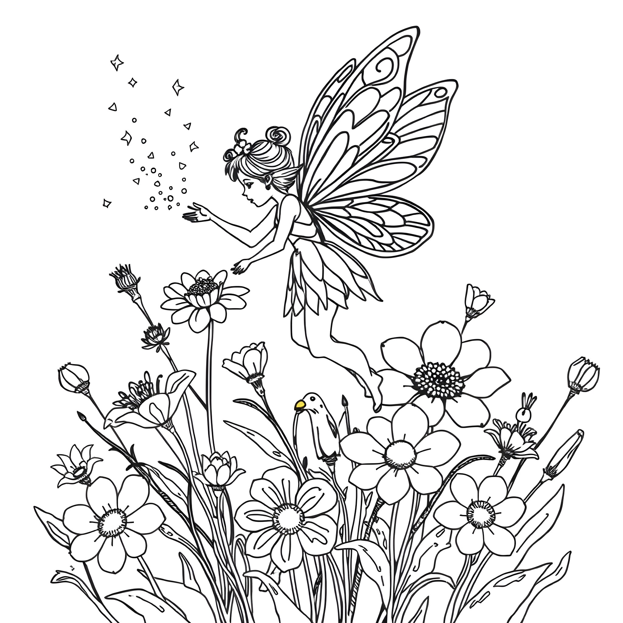 Fairy dancing with flowers in a field Coloring Page (free black-and-white line drawing printable PDF for all, from beginners to advanced learners, including children, teens, adults, and seniors)