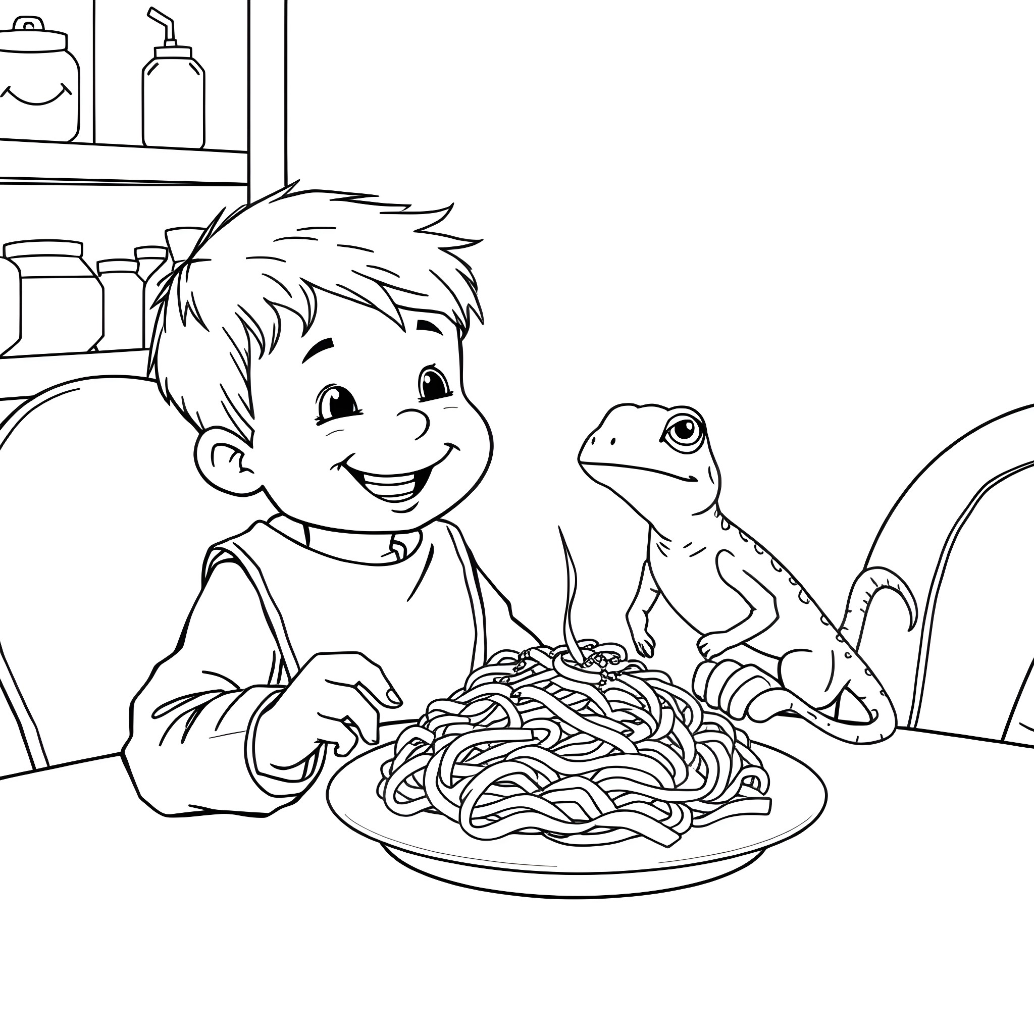 Harrison enjoying pasta with lizard friend Coloring Page (free black-and-white line drawing printable PDF for all, from beginners to advanced learners, including children, teens, adults, and seniors)