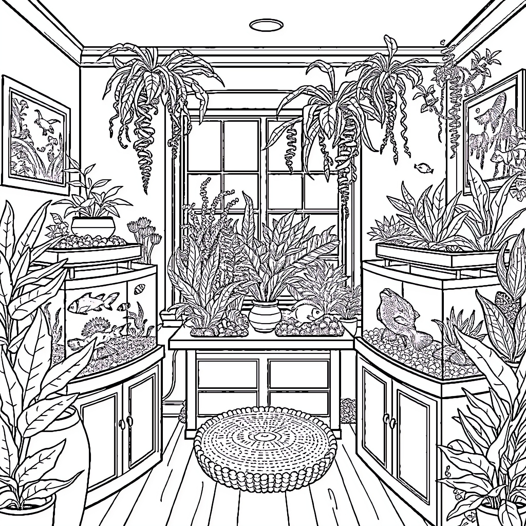 Aquarium with Lush Tropical Plants and Decor Coloring Page (free black-and-white line drawing printable PDF for all, from beginners to advanced learners, including children, teens, adults, and seniors)