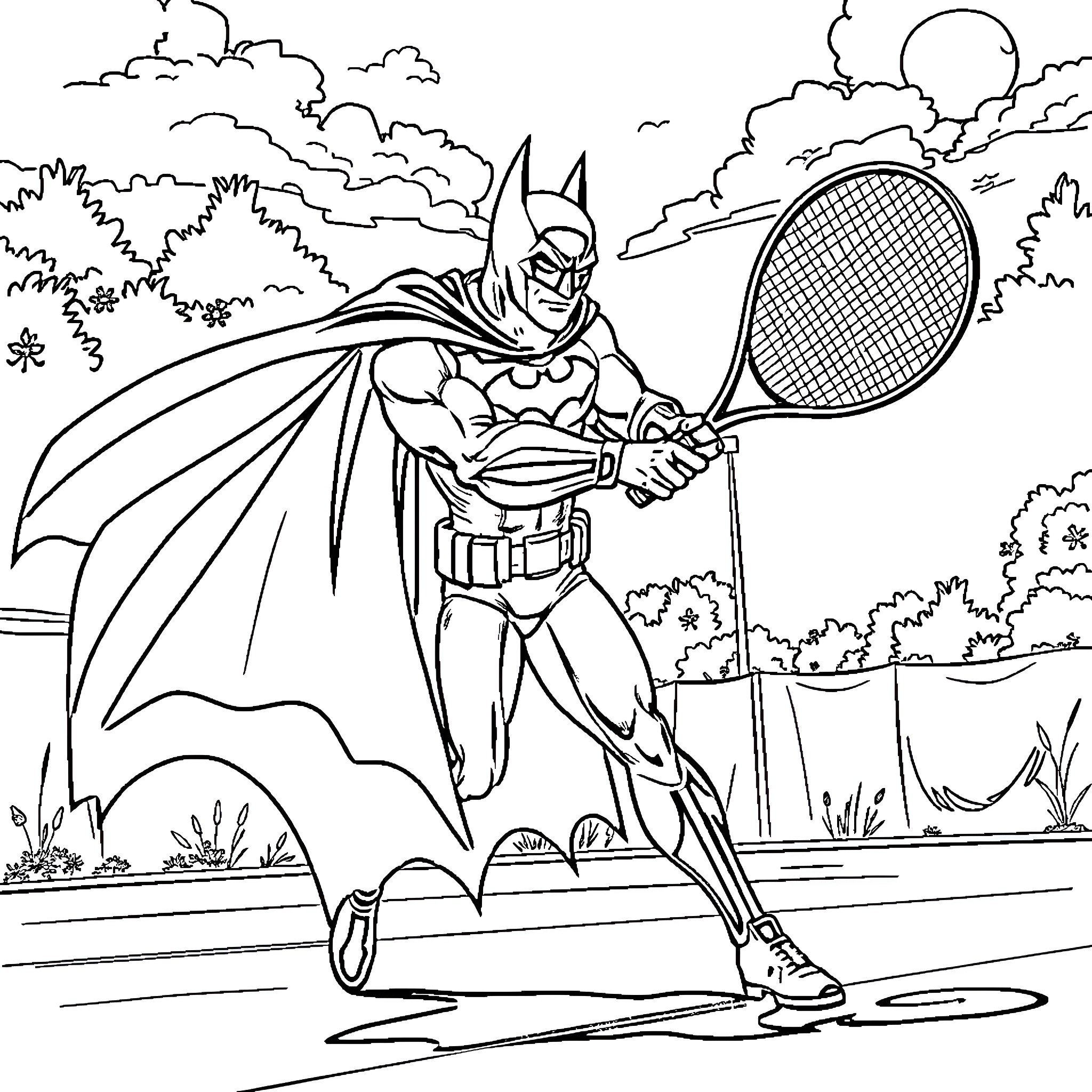 Batman playing tennis in the park Coloring Page (free black-and-white line drawing printable PDF for all, from beginners to advanced learners, including children, teens, adults, and seniors)