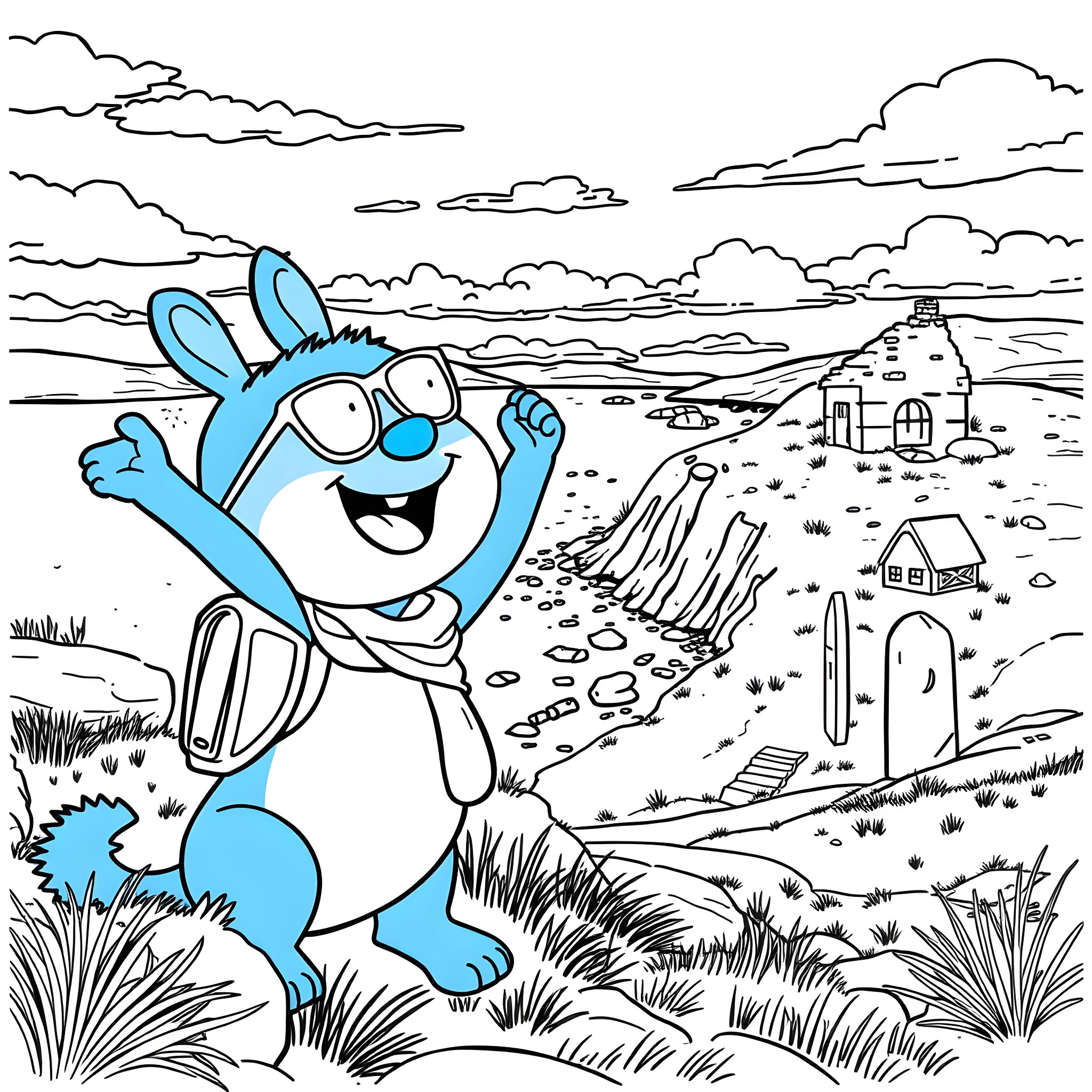 Bluey explores the countryside with joy Coloring Page (free black-and-white line drawing printable PDF for all, from beginners to advanced learners, including children, teens, adults, and seniors)