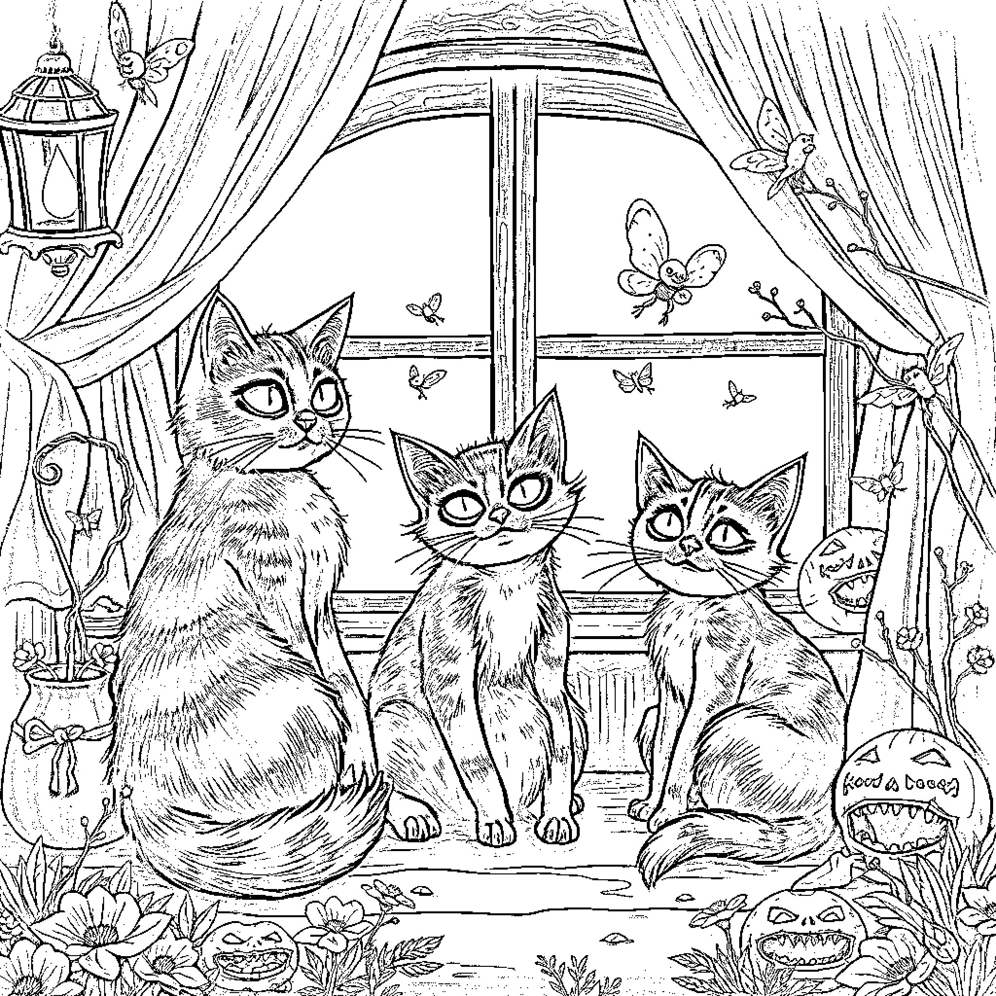 Cats Gazing at Butterflies through a Window Coloring Page (free black-and-white line drawing printable PDF for all, from beginners to advanced learners, including children, teens, adults, and seniors)