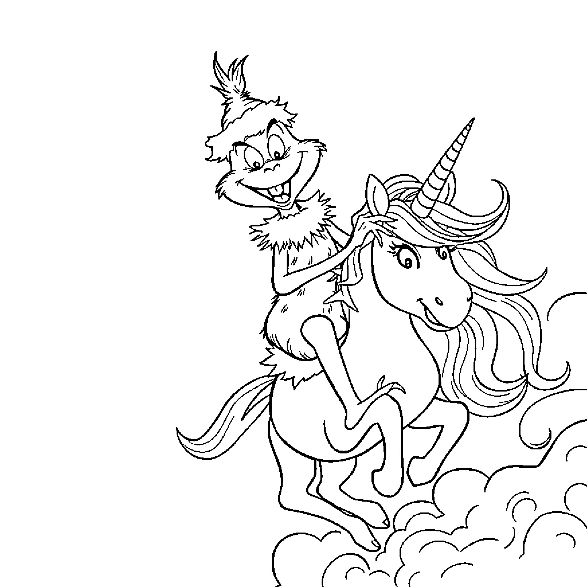 Grinch riding a unicorn through the clouds Coloring Page (free black-and-white line drawing printable PDF for all, from beginners to advanced learners, including children, teens, adults, and seniors)