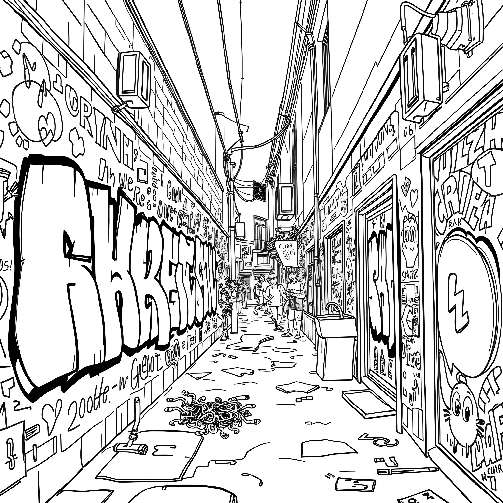Graffiti-covered alley with people and urban scenes Coloring Page (free black-and-white line drawing printable PDF for all, from beginners to advanced learners, including children, teens, adults, and seniors)