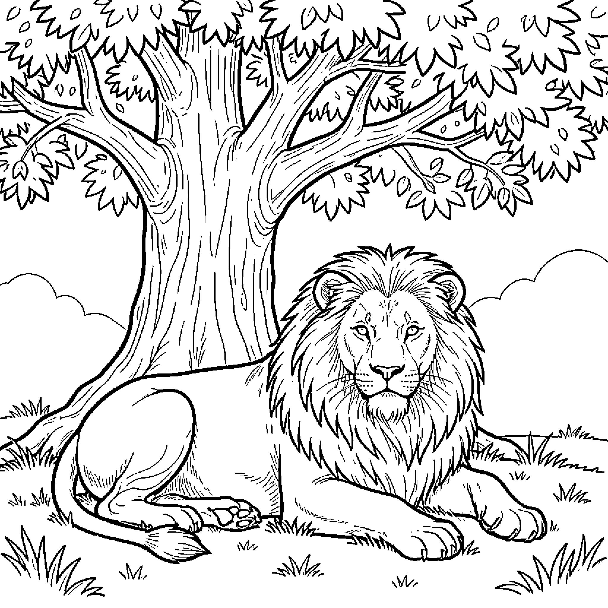 Lion resting in a lush forest landscape Coloring Page (free black-and-white line drawing printable PDF for all, from beginners to advanced learners, including children, teens, adults, and seniors)