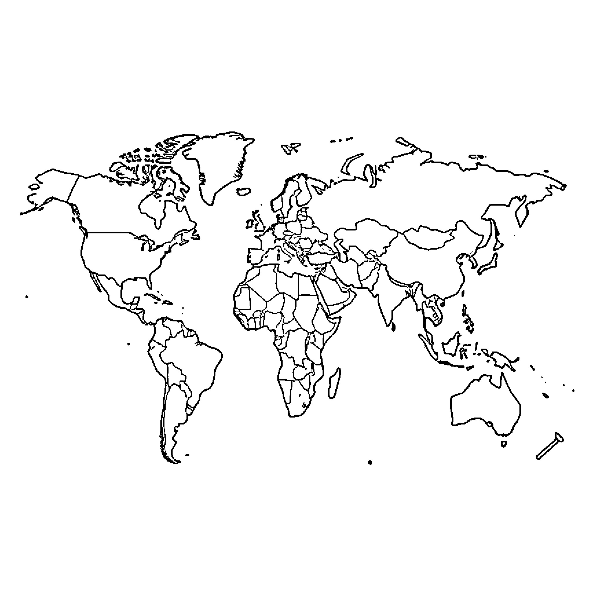 Map of the world with country outlines Coloring Page (free black-and-white line drawing printable PDF for all, from beginners to advanced learners, including children, teens, adults, and seniors)