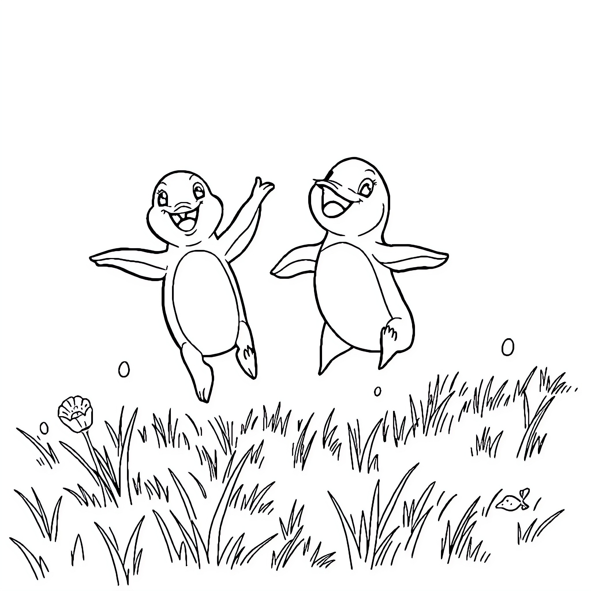 Dospers dancing joyfully in the grassy field Coloring Page (free black-and-white line drawing printable PDF for all, from beginners to advanced learners, including children, teens, adults, and seniors)