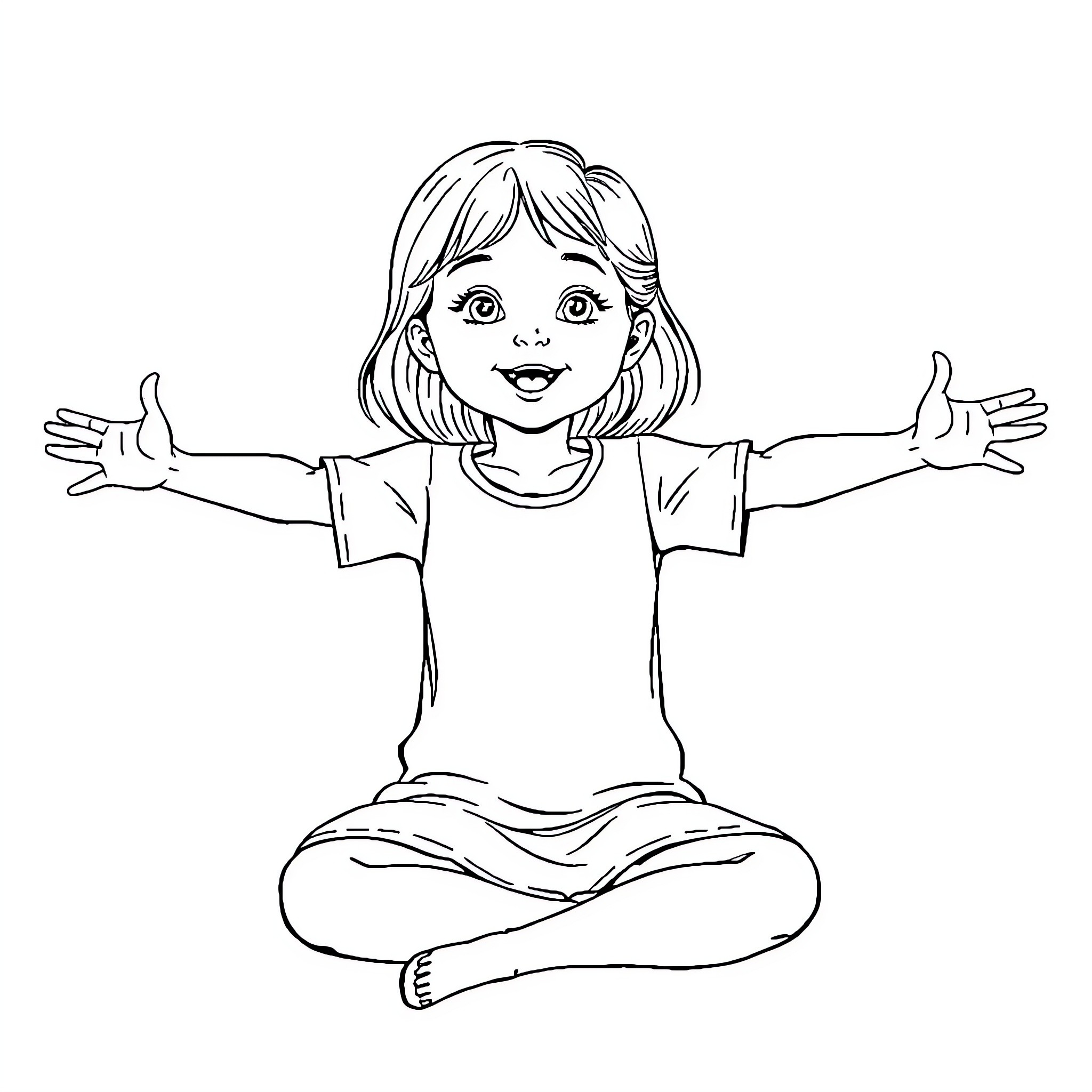 Girl joyfully sitting with arms open Coloring Page (free black-and-white line drawing printable PDF for all, from beginners to advanced learners, including children, teens, adults, and seniors)