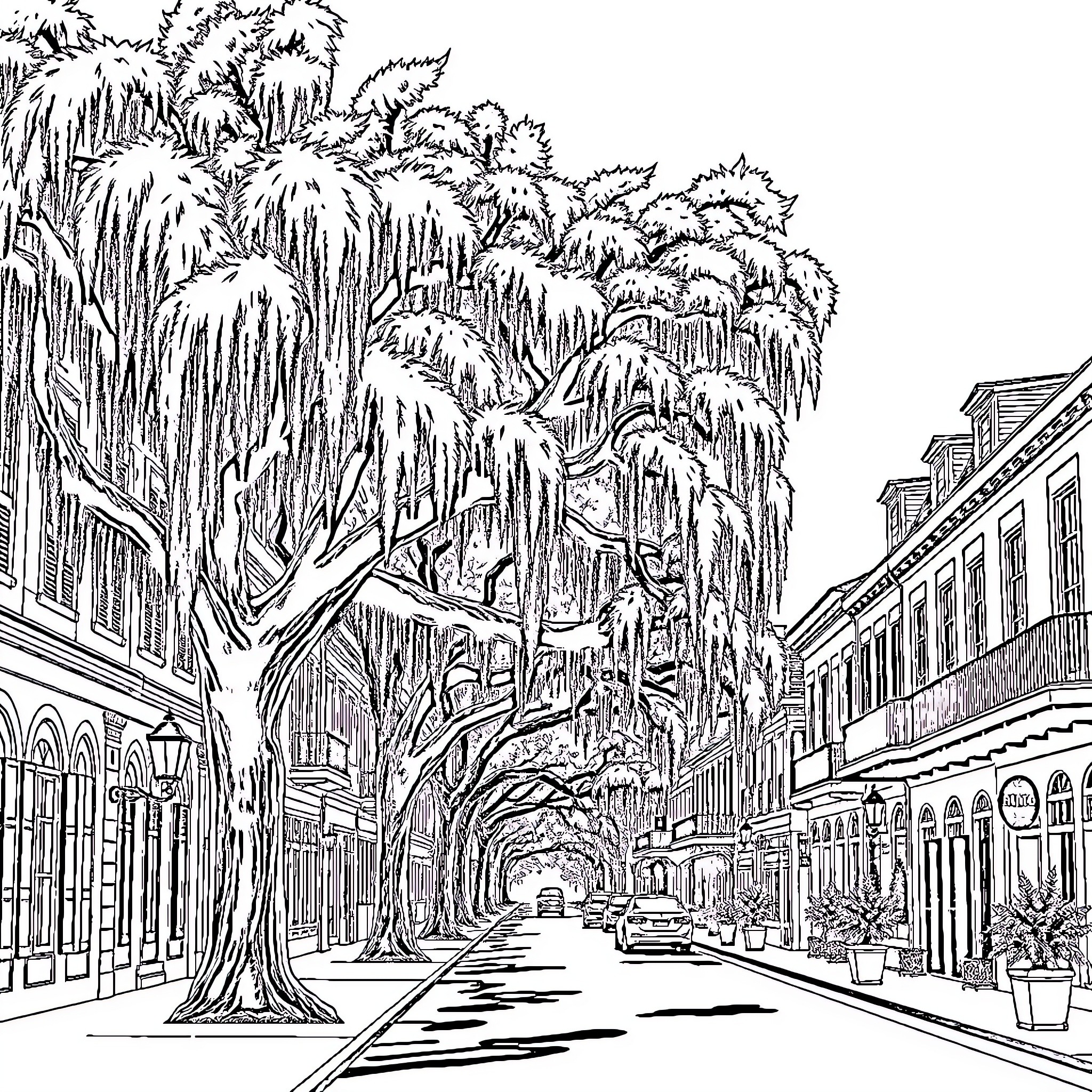 Savannah cityscape with towering trees and historic buildings Coloring Page (free black-and-white line drawing printable PDF for all, from beginners to advanced learners, including children, teens, adults, and seniors)