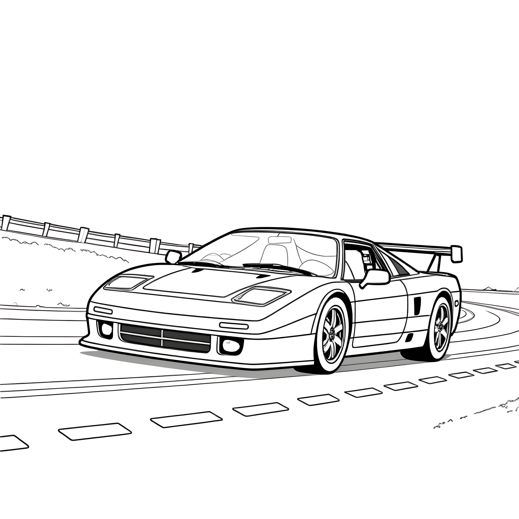 AW11 MR2 sports car on racing track Coloring Page (free black-and-white line drawing printable PDF for all, from beginners to advanced learners, including children, teens, adults, and seniors)