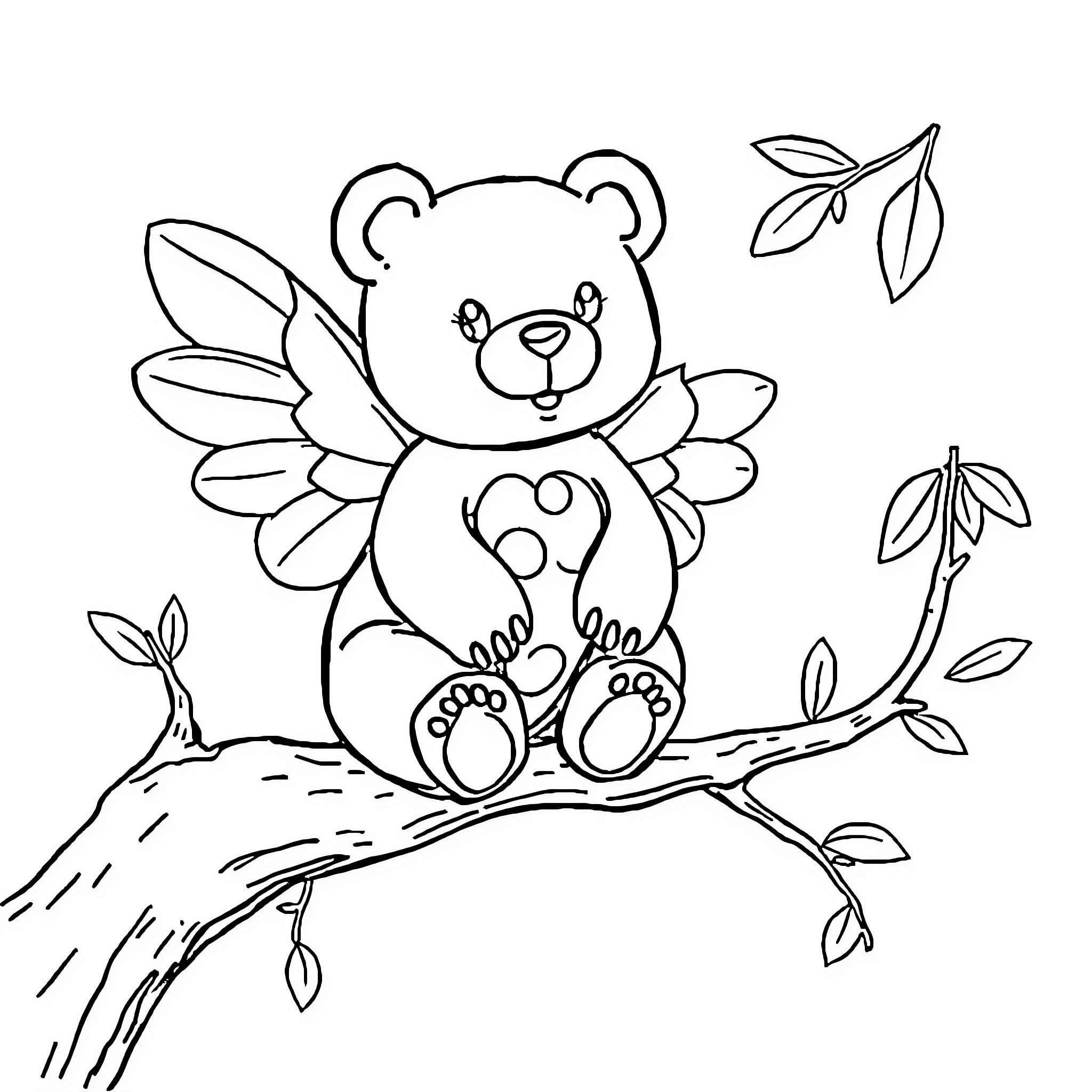 Gummy Bear Fairy Sitting on Tree Branch Coloring Page (free black-and-white line drawing printable PDF for all, from beginners to advanced learners, including children, teens, adults, and seniors)
