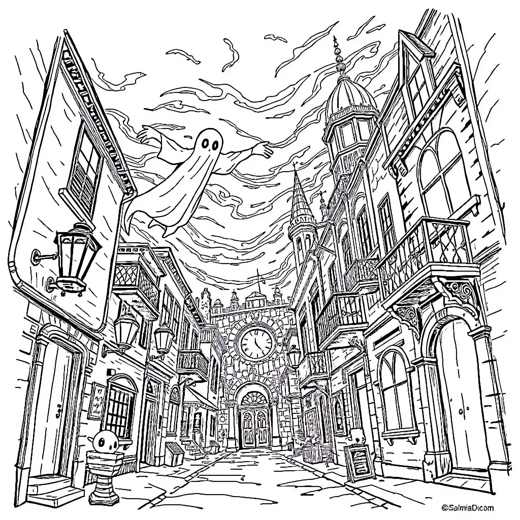 Ghost Haunts Spooky Victorian City Street Coloring Page (free black-and-white line drawing printable PDF for all, from beginners to advanced learners, including children, teens, adults, and seniors)