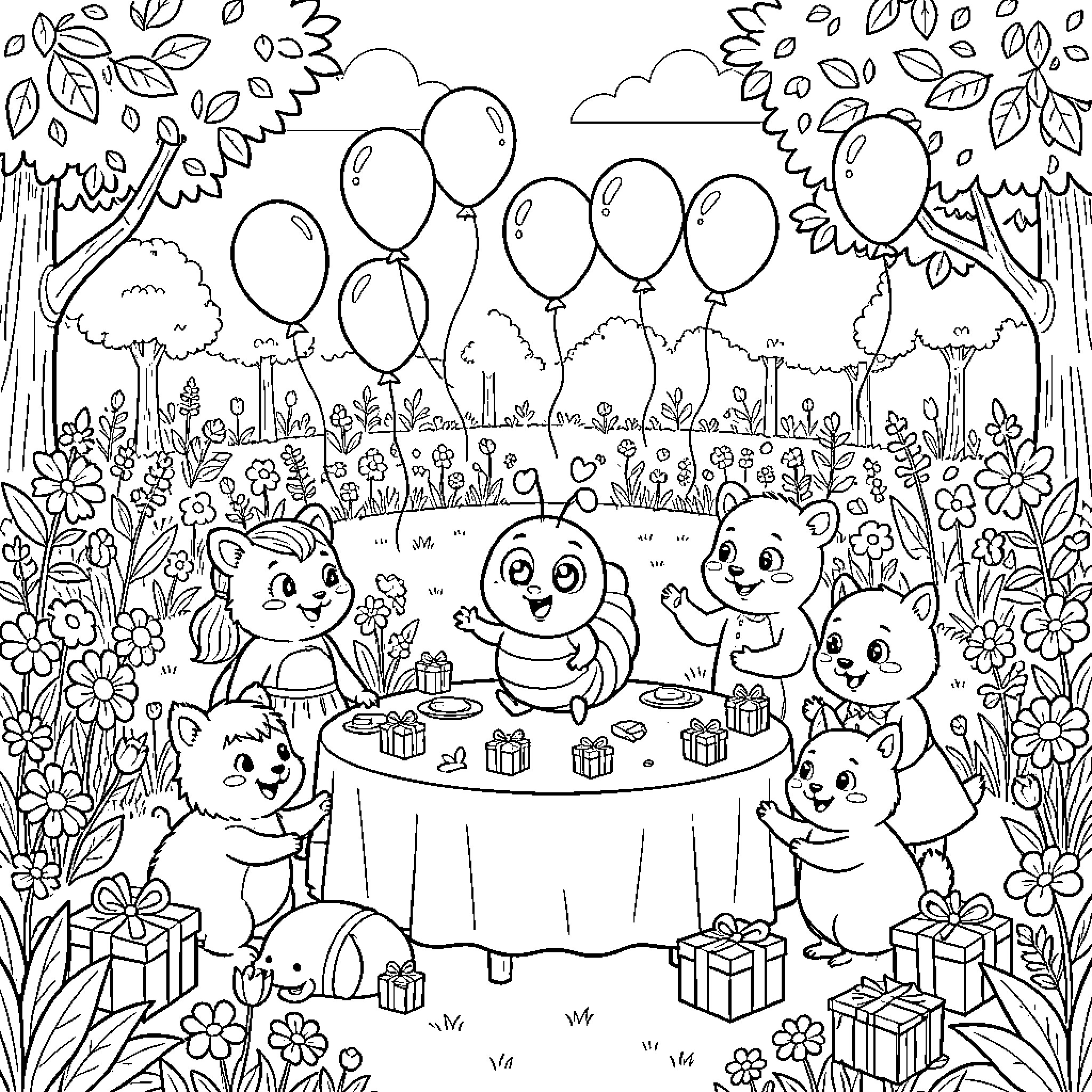Caterpillar celebrating a birthday party with animal friends Coloring Page (free black-and-white line drawing printable PDF for all, from beginners to advanced learners, including children, teens, adults, and seniors)