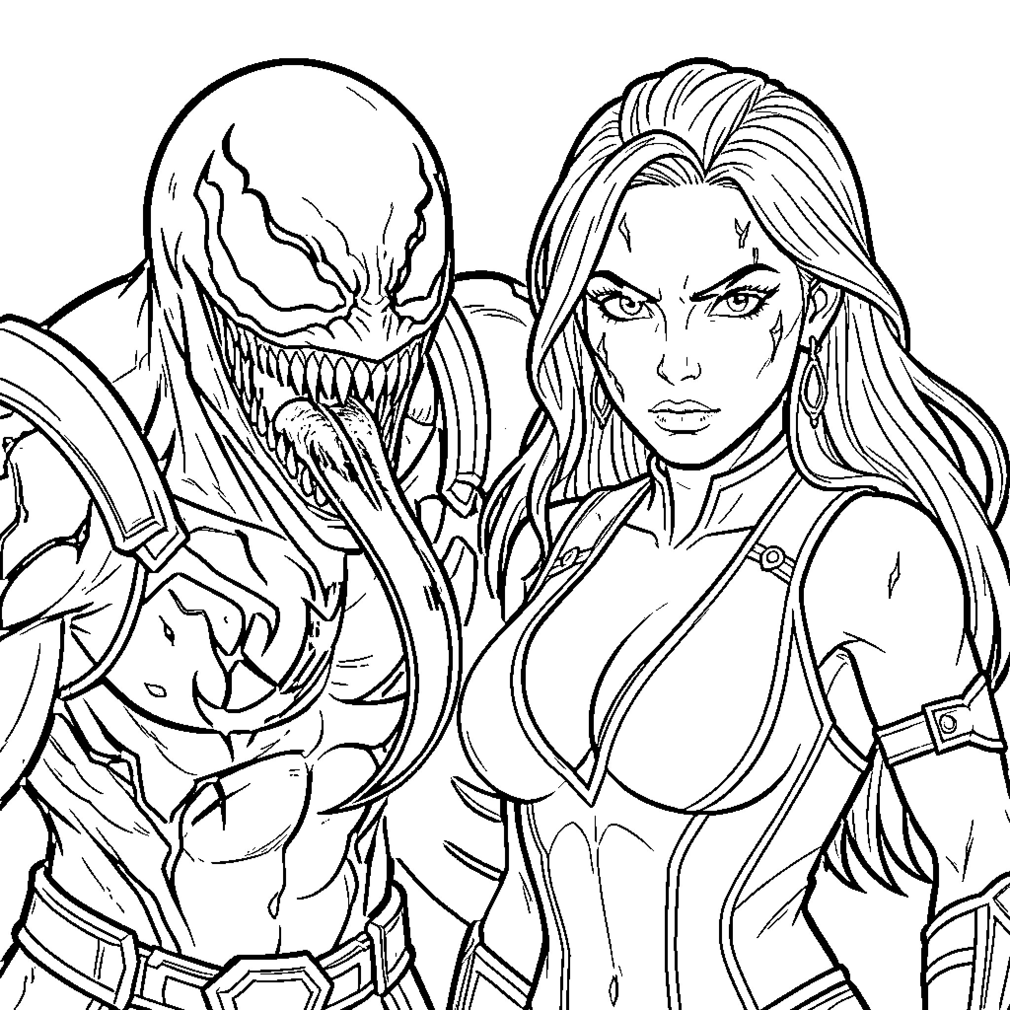Venom characters in action-packed scene Coloring Page (free black-and-white line drawing printable PDF for all, from beginners to advanced learners, including children, teens, adults, and seniors)