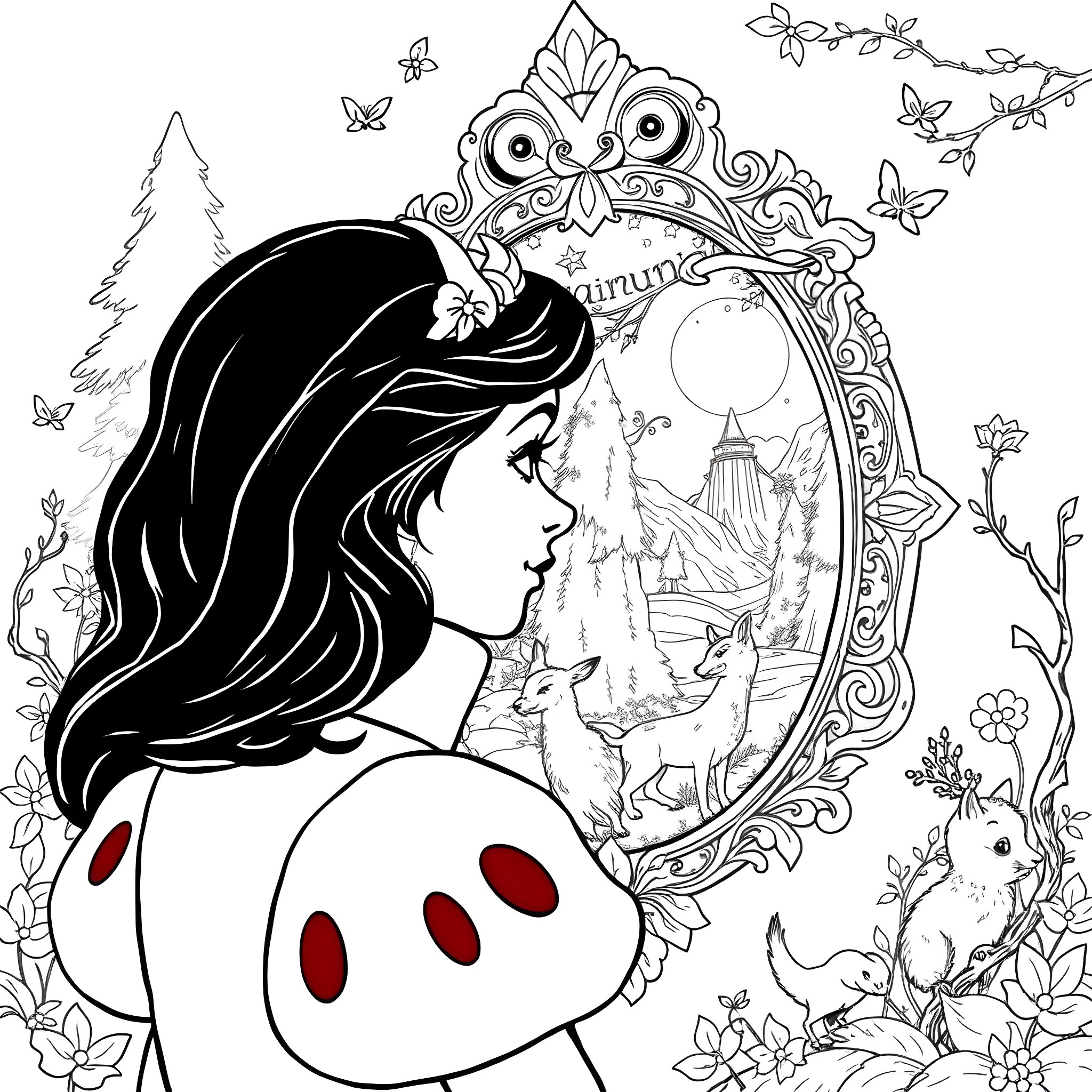 Snow White in a magical forest with a mirror frame Coloring Page (free black-and-white line drawing printable PDF for all, from beginners to advanced learners, including children, teens, adults, and seniors)