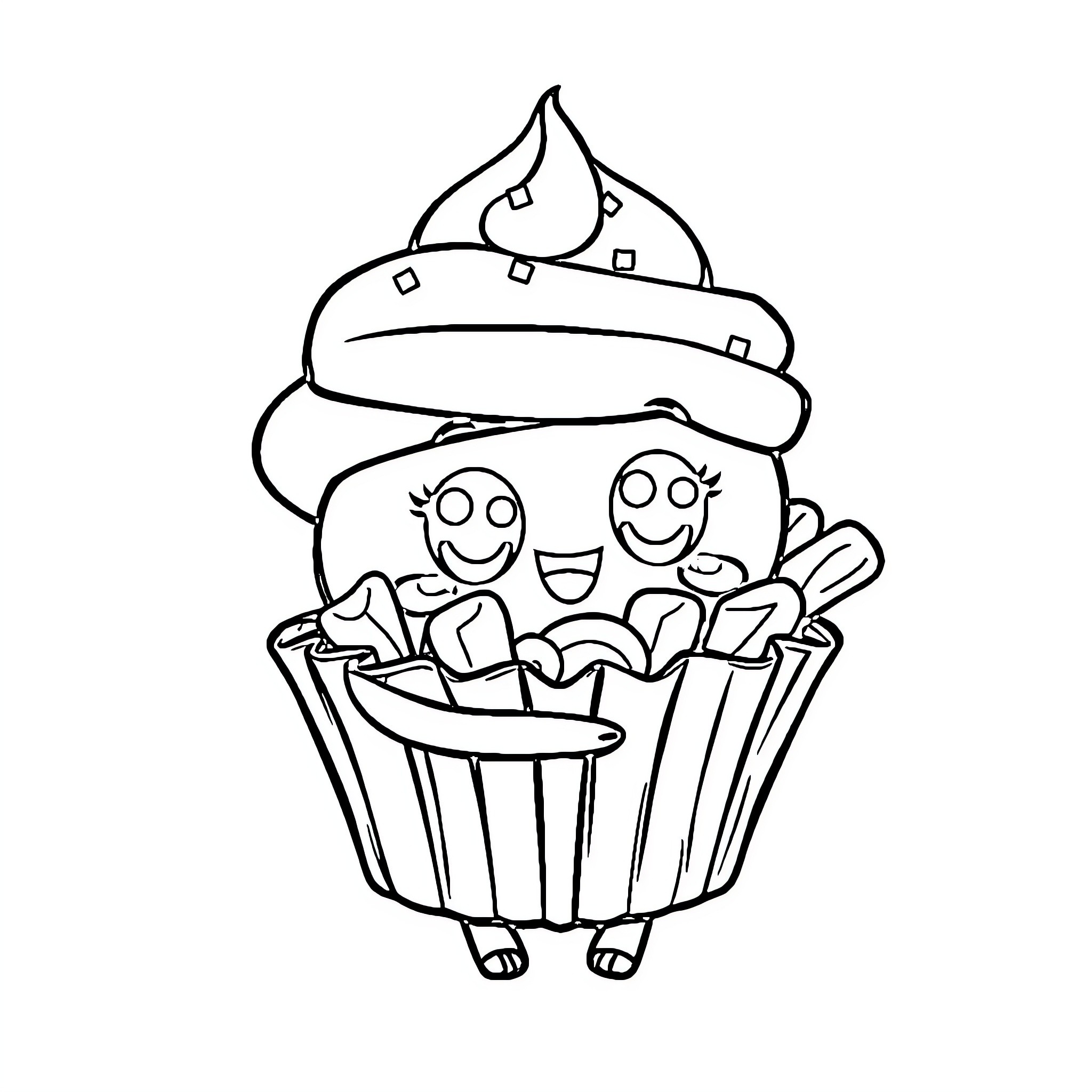 Cupcake with Cheerful Characters Coloring Page (free black-and-white line drawing printable PDF for all, from beginners to advanced learners, including children, teens, adults, and seniors)