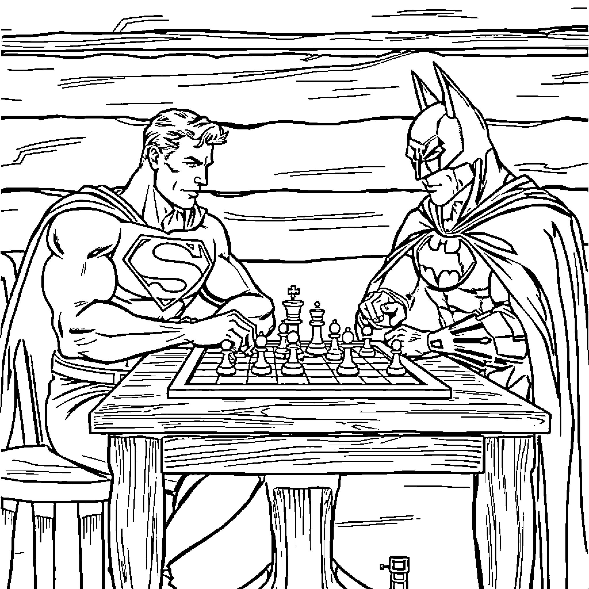Superman and Batman playing chess on a stormy night Coloring Page (free black-and-white line drawing printable PDF for all, from beginners to advanced learners, including children, teens, adults, and seniors)