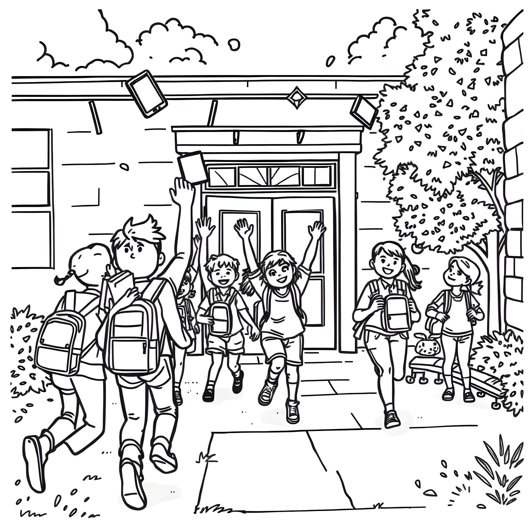 School children playing happily on the playground Coloring Page (free black-and-white line drawing printable PDF for all, from beginners to advanced learners, including children, teens, adults, and seniors)