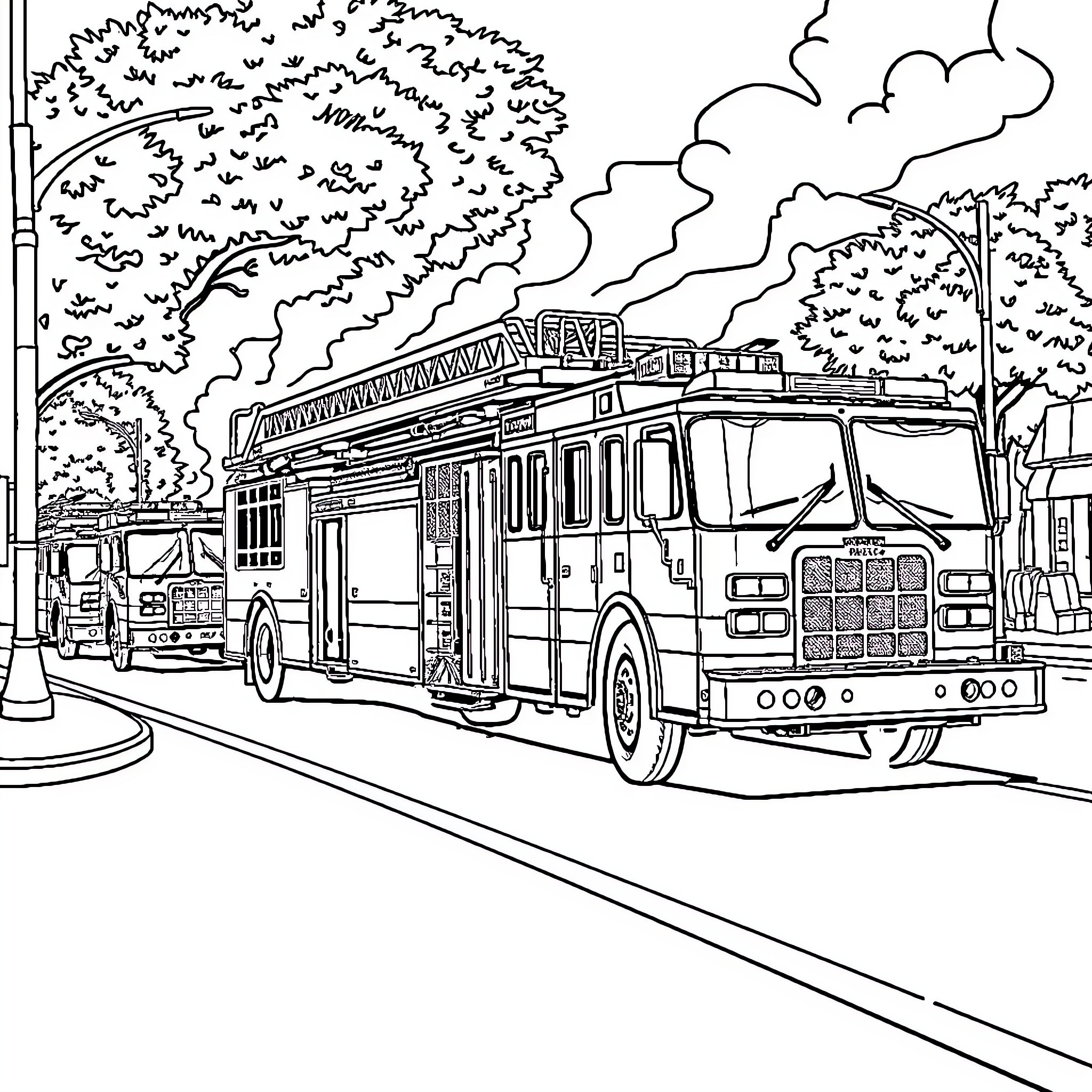 Firetruck rushing to emergency with blaring sirens Coloring Page (free black-and-white line drawing printable PDF for all, from beginners to advanced learners, including children, teens, adults, and seniors)