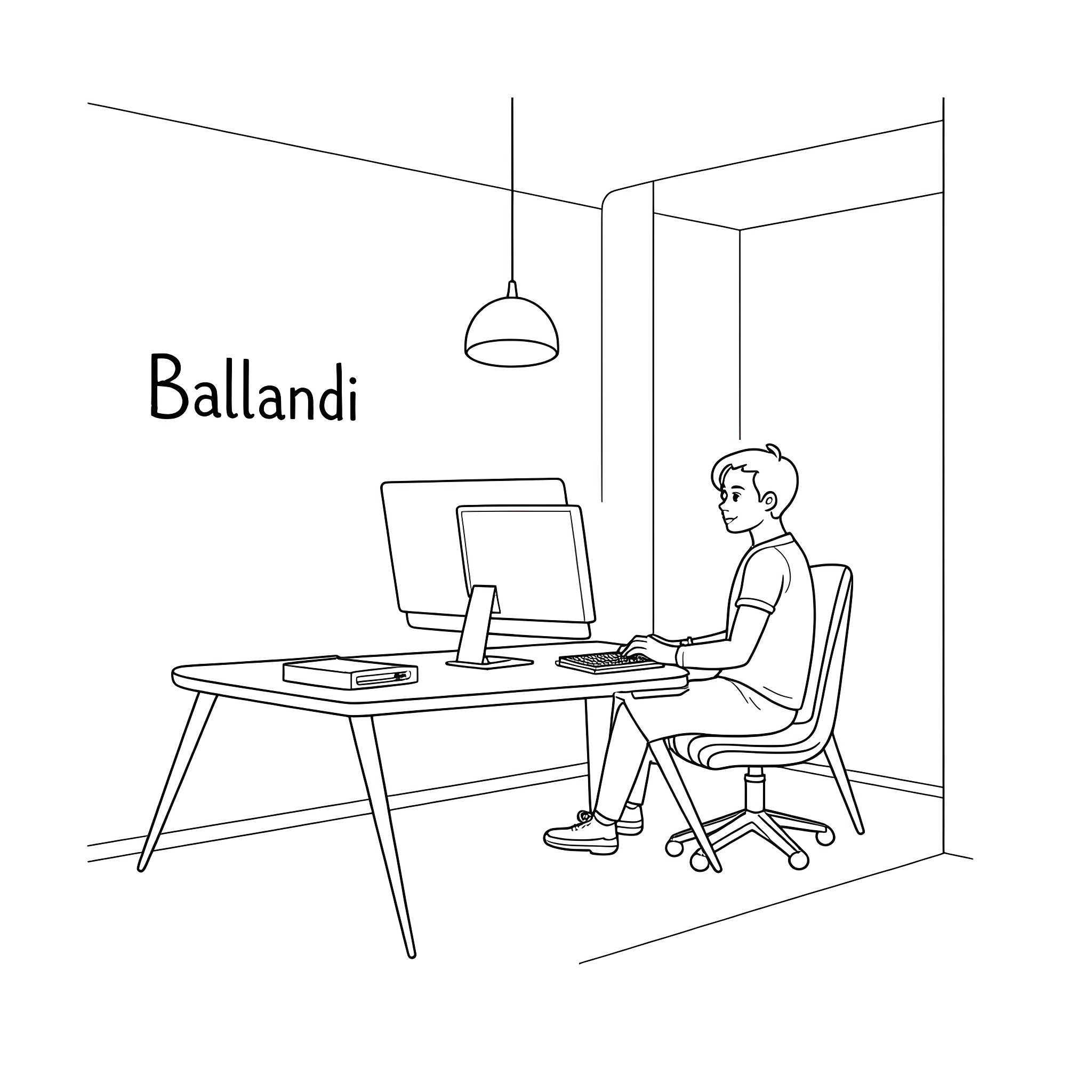 Video Editor working at his desk Coloring Page (free black-and-white line drawing printable PDF for all, from beginners to advanced learners, including children, teens, adults, and seniors)