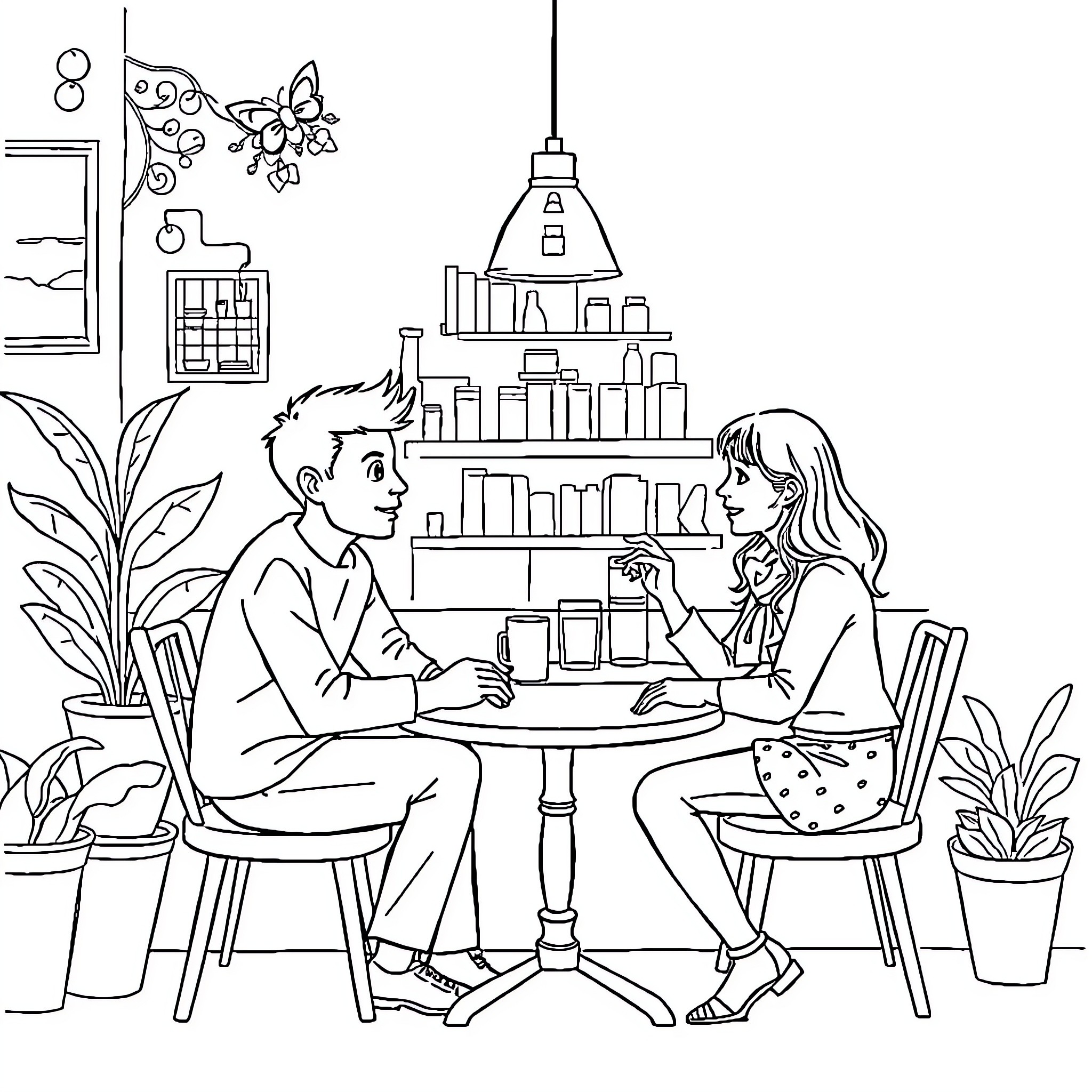Cat talking with friend at cafe Coloring Page (free black-and-white line drawing printable PDF for all, from beginners to advanced learners, including children, teens, adults, and seniors)