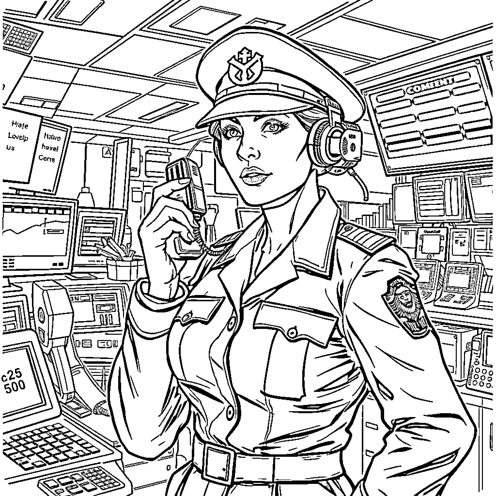 Military Woman Commanding Communication Center Coloring Page (free black-and-white line drawing printable PDF for all, from beginners to advanced learners, including children, teens, adults, and seniors)