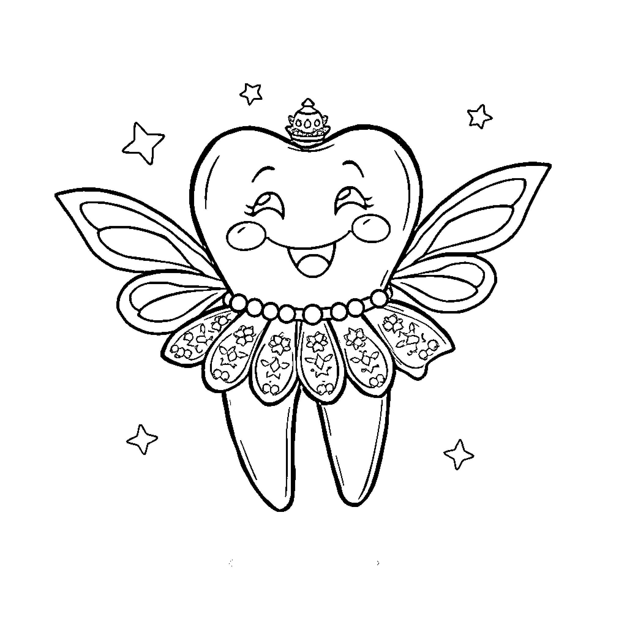 Tooth Fairy with Whimsical Wings Coloring Page (free black-and-white line drawing printable PDF for all, from beginners to advanced learners, including children, teens, adults, and seniors)