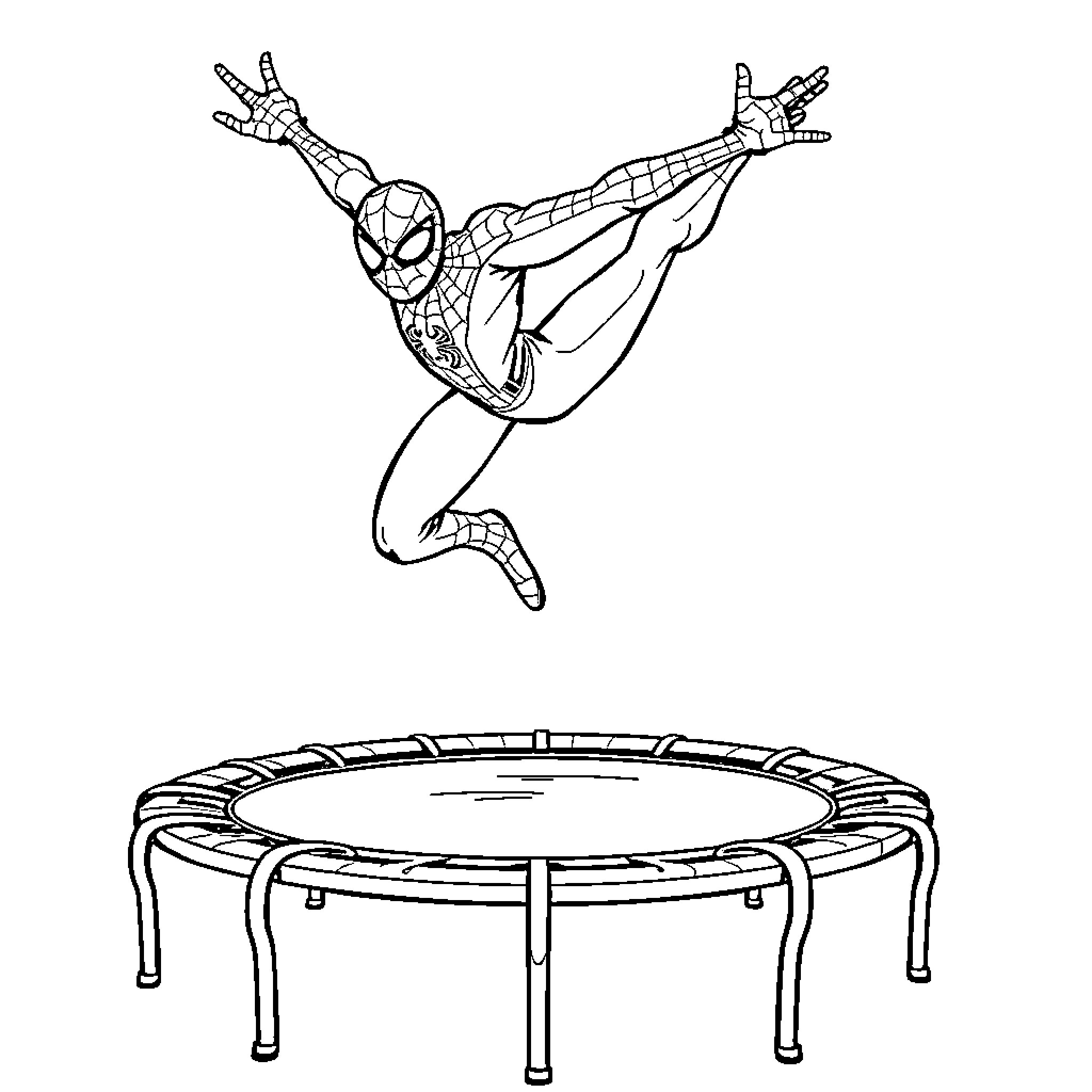 Spidey web-slinging action over trampoline Coloring Page (free black-and-white line drawing printable PDF for all, from beginners to advanced learners, including children, teens, adults, and seniors)