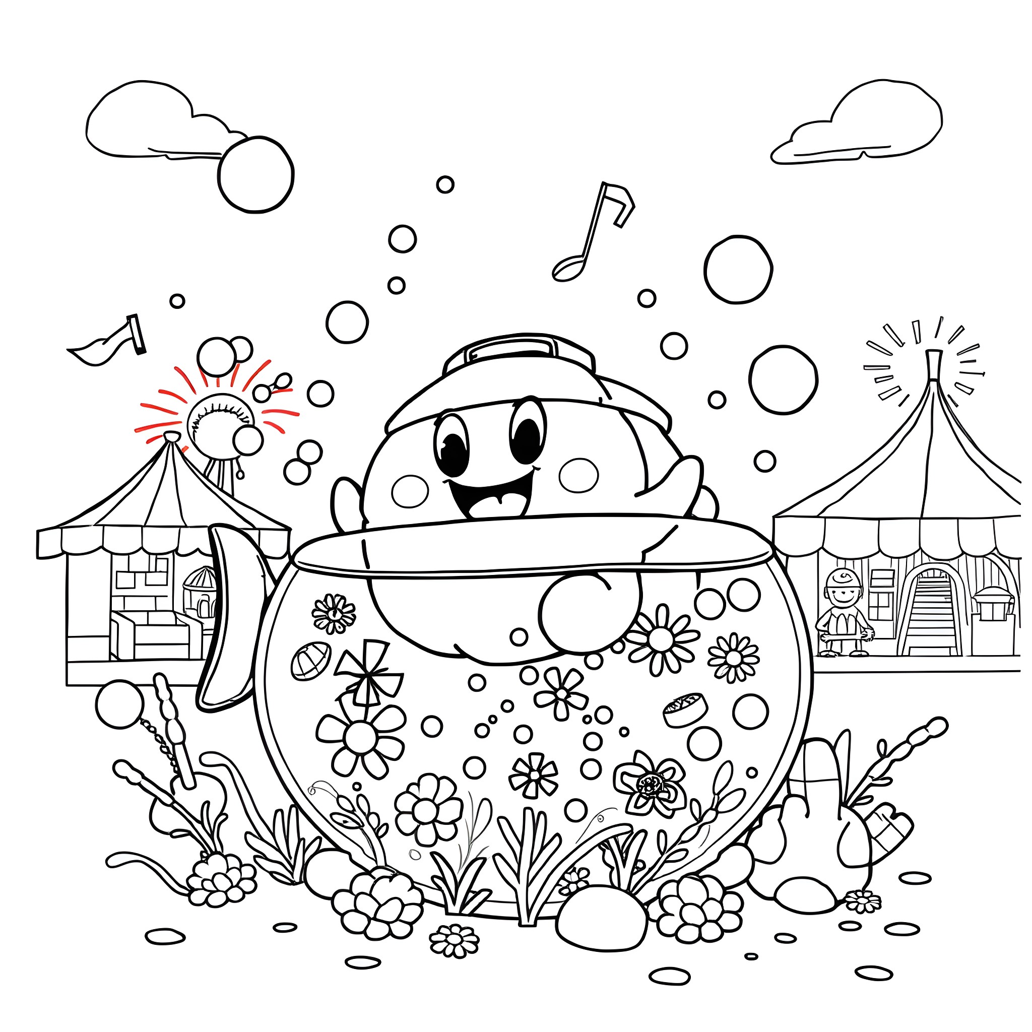 Mr Blobby enjoying a colorful carnival in the park Coloring Page (free black-and-white line drawing printable PDF for all, from beginners to advanced learners, including children, teens, adults, and seniors)