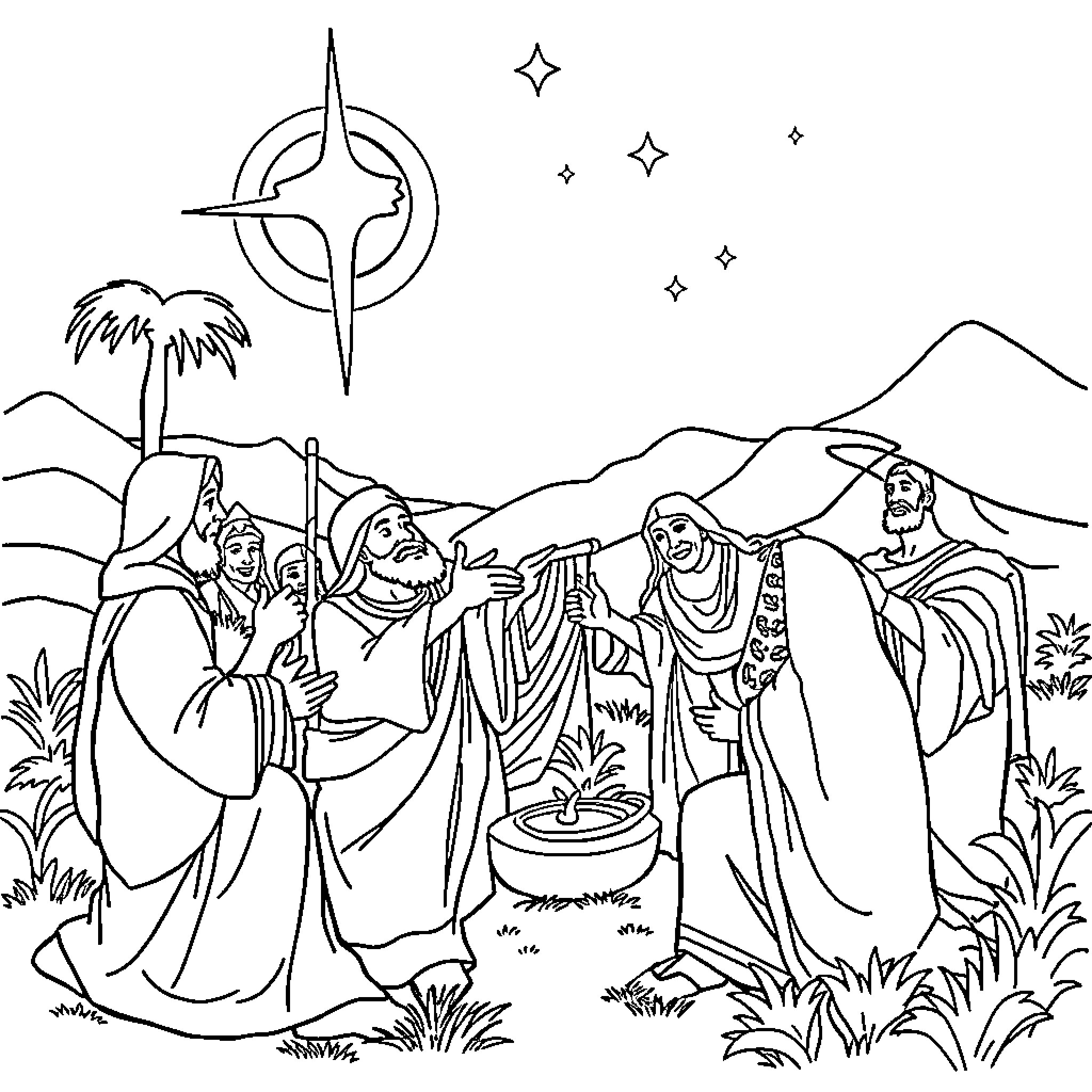 Bible Story of Wise Men Worshipping the Newborn King Coloring Page (free black-and-white line drawing printable PDF for all, from beginners to advanced learners, including children, teens, adults, and seniors)