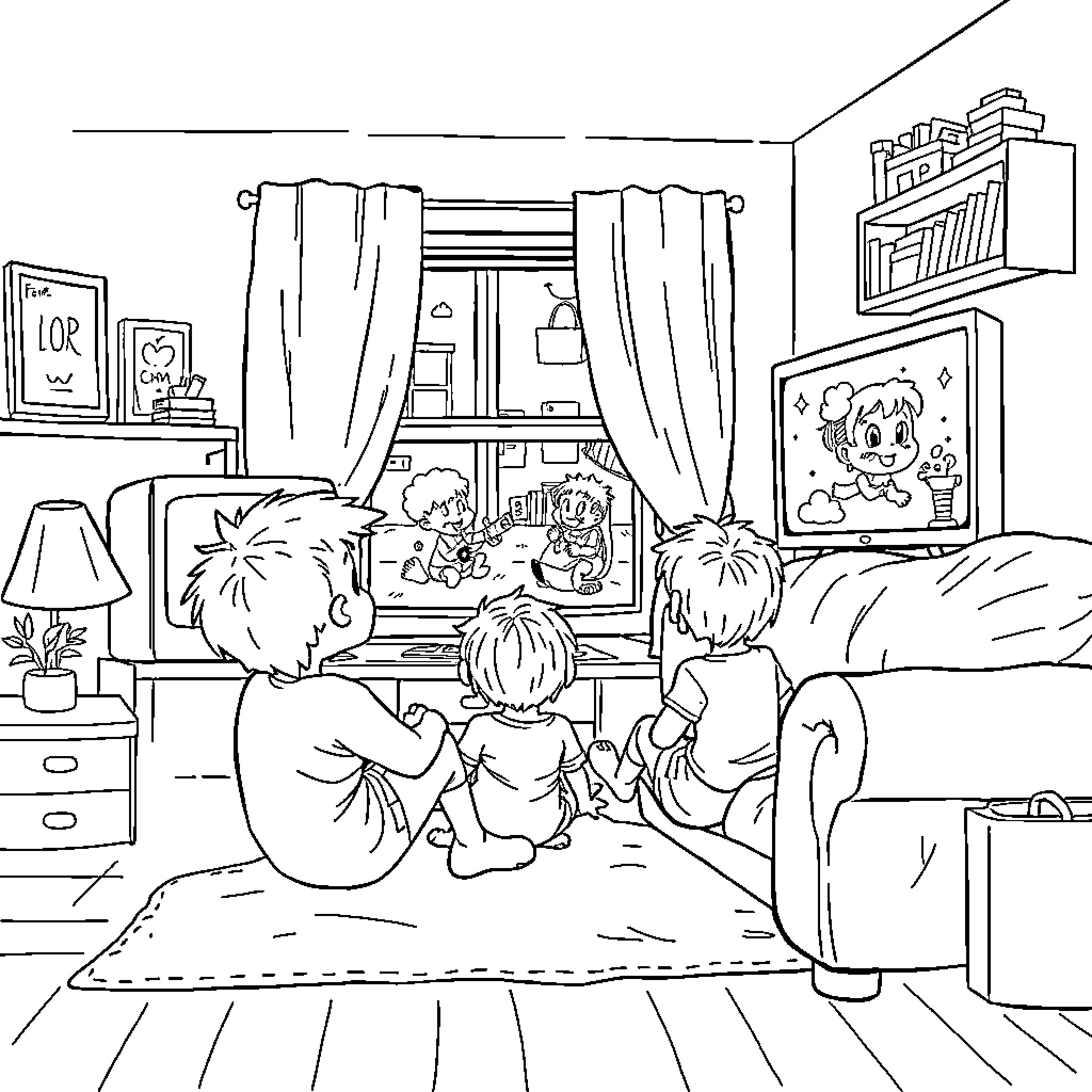 Kids playing together in bedroom Coloring Page (free black-and-white line drawing printable PDF for all, from beginners to advanced learners, including children, teens, adults, and seniors)
