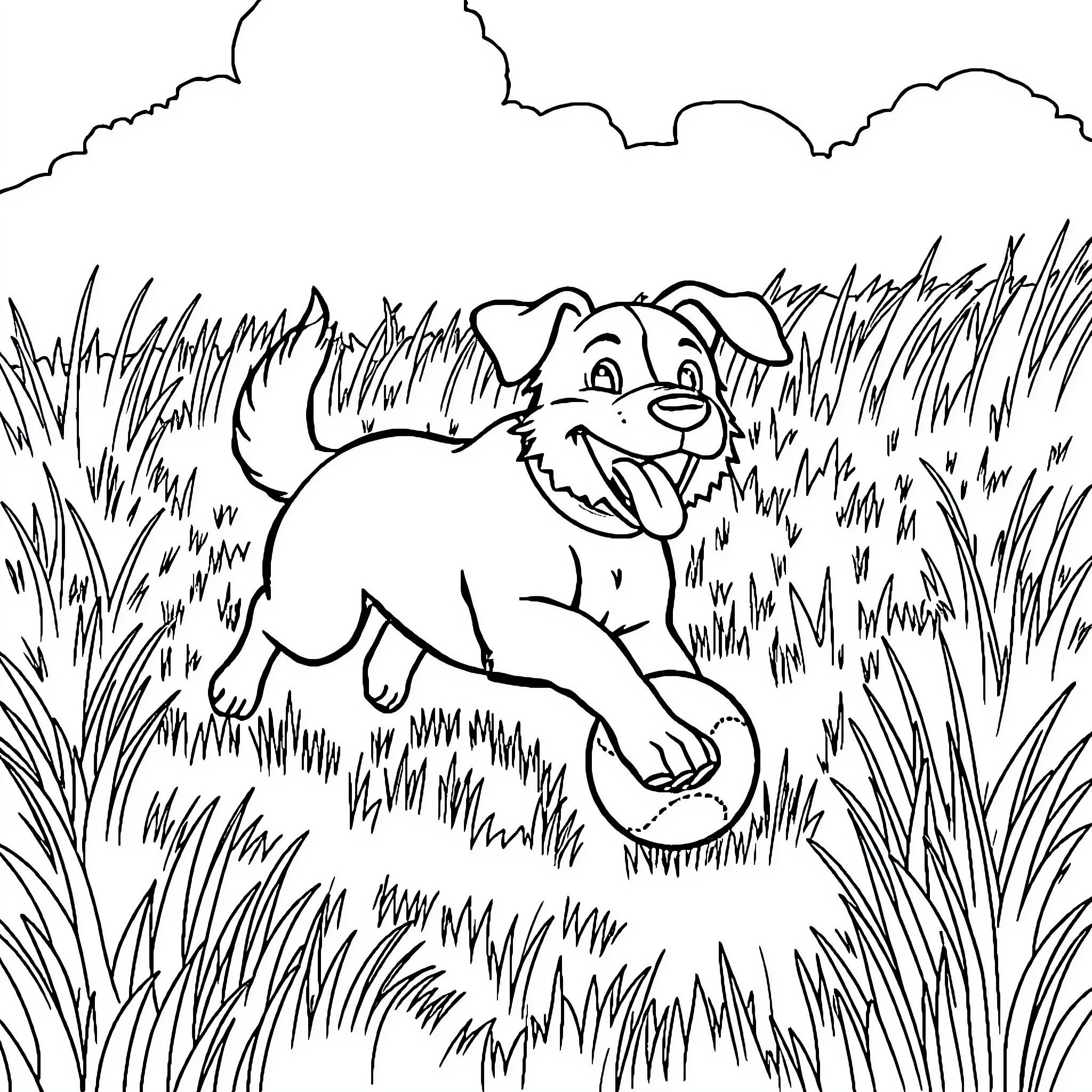 Dog playfully running through the tall grass Coloring Page (free black-and-white line drawing printable PDF for all, from beginners to advanced learners, including children, teens, adults, and seniors)