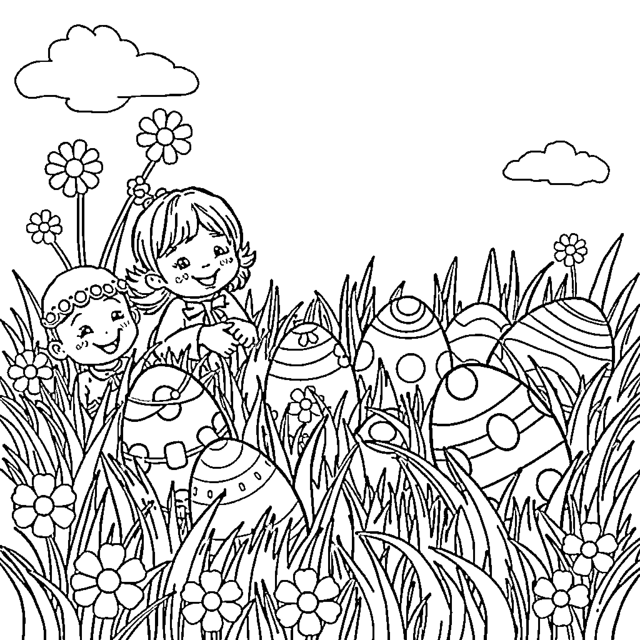 Easter celebration with children playing in meadow Coloring Page (free black-and-white line drawing printable PDF for all, from beginners to advanced learners, including children, teens, adults, and seniors)