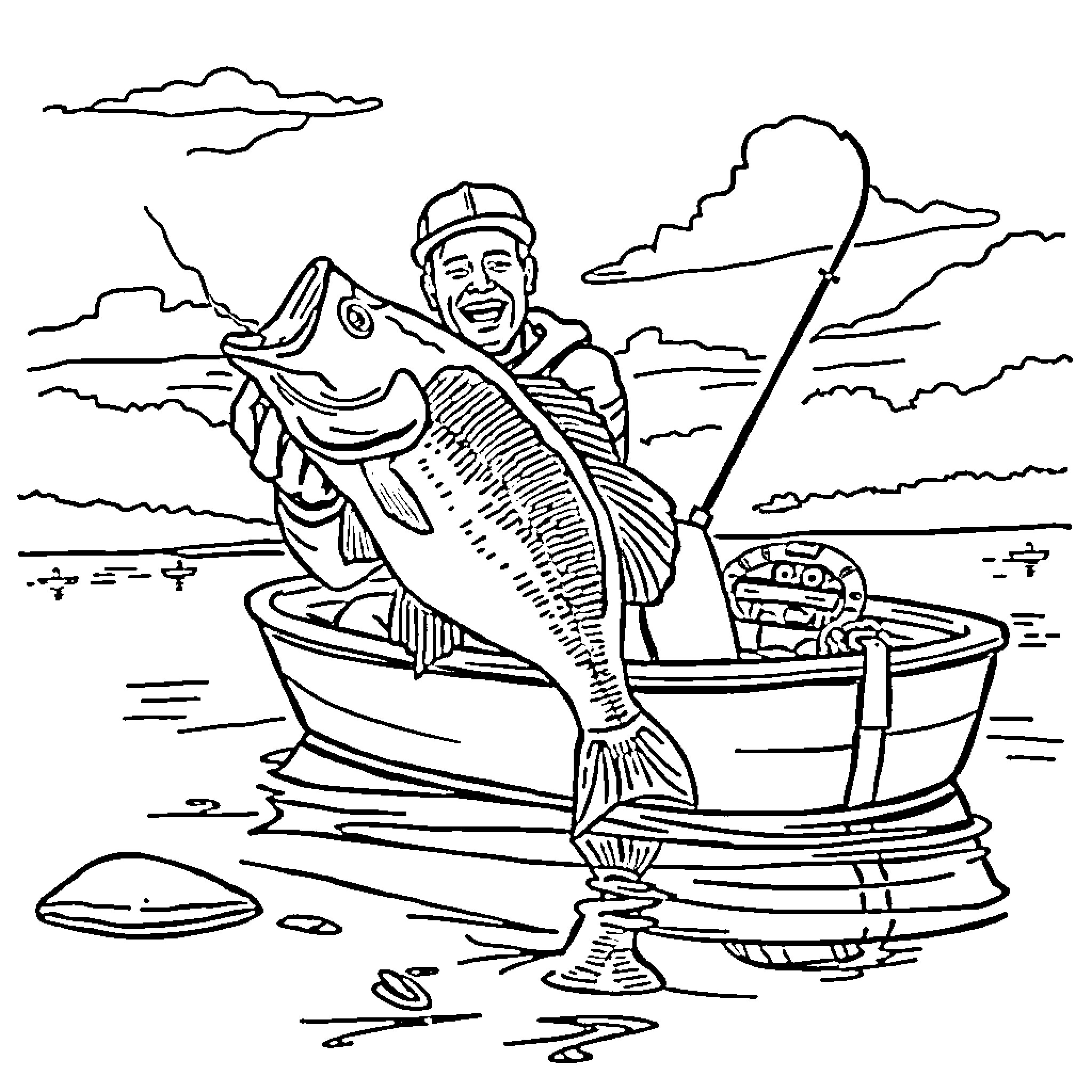Man happily fishing in a boat by the shore Coloring Page (free black-and-white line drawing printable PDF for all, from beginners to advanced learners, including children, teens, adults, and seniors)