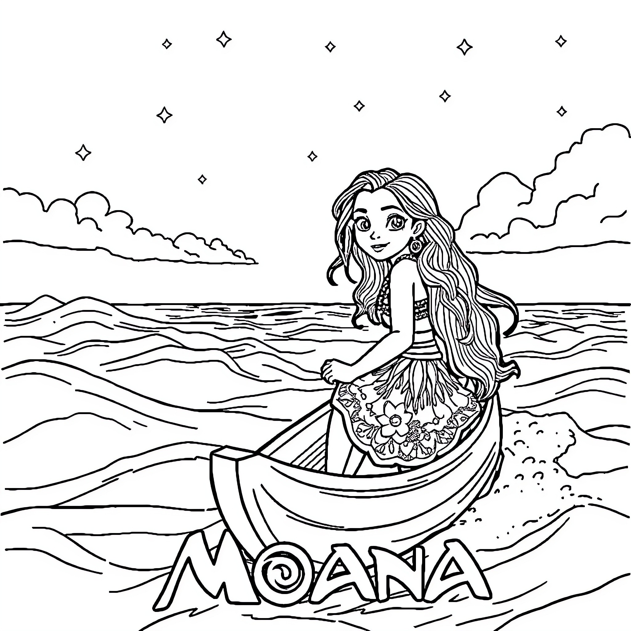 Moana in a Boat on the Ocean Coloring Page (free black-and-white line drawing printable PDF for all, from beginners to advanced learners, including children, teens, adults, and seniors)