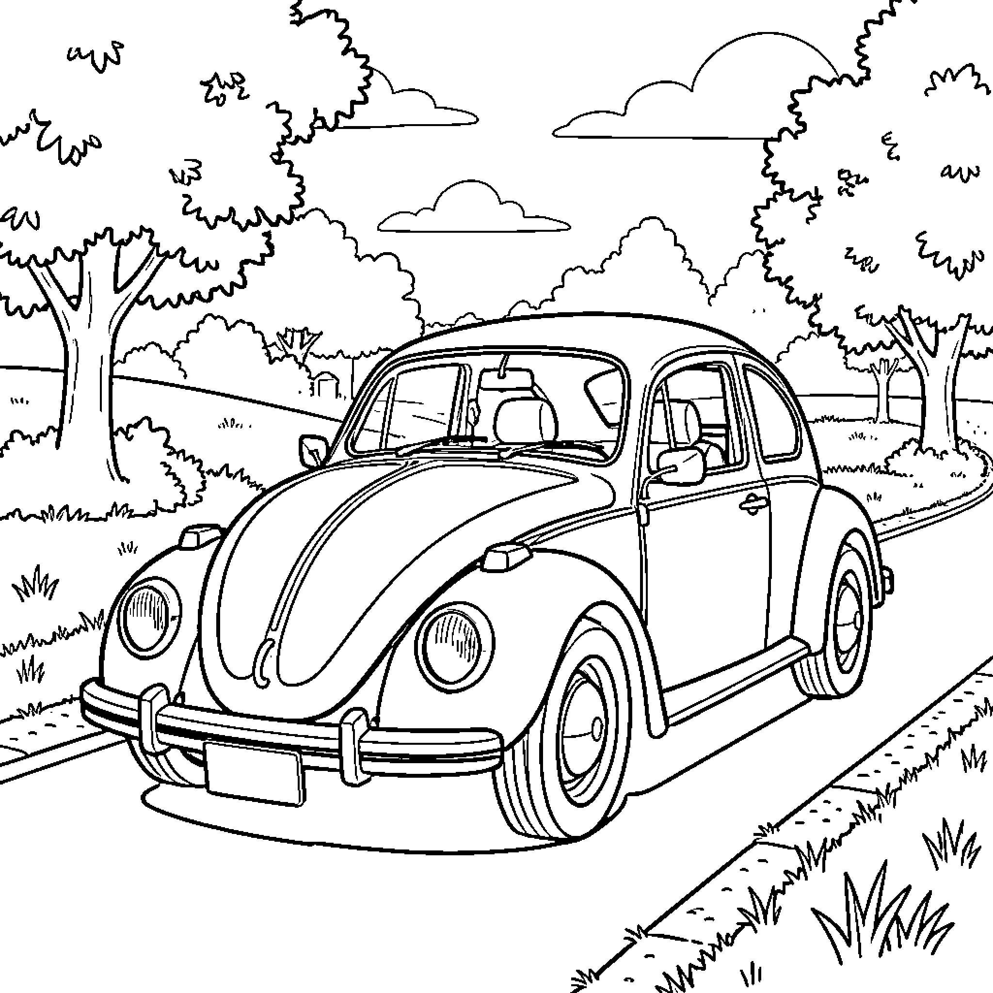 VW Beetle driving along a scenic roadside path Coloring Page (free black-and-white line drawing printable PDF for all, from beginners to advanced learners, including children, teens, adults, and seniors)