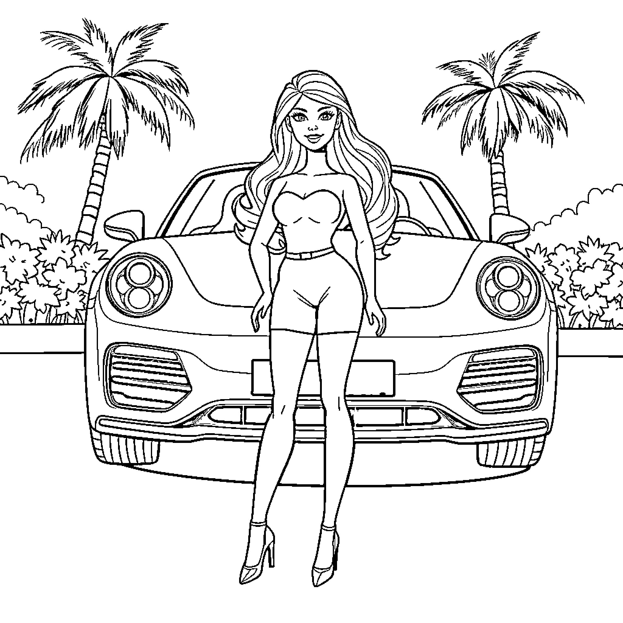 Barbie posing confidently by a sports car Coloring Page (free black-and-white line drawing printable PDF for all, from beginners to advanced learners, including children, teens, adults, and seniors)