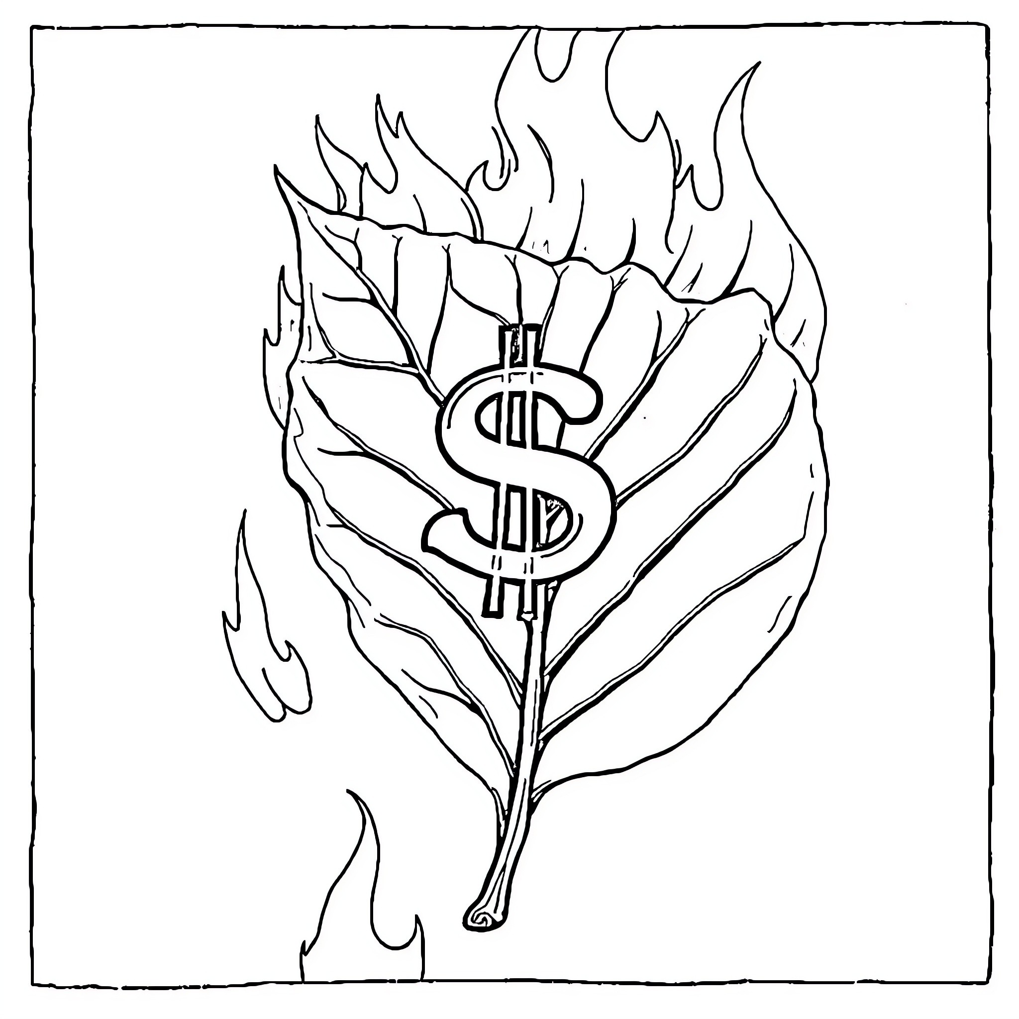 Leaf with burning dollar sign symbol Coloring Page (free black-and-white line drawing printable PDF for all, from beginners to advanced learners, including children, teens, adults, and seniors)