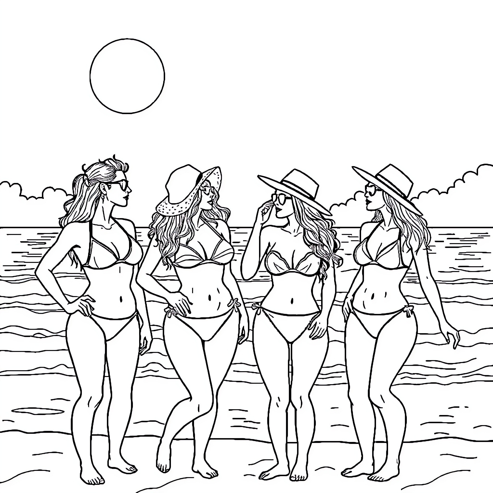 Women posing together in beach attire Coloring Page (free black-and-white line drawing printable PDF for all, from beginners to advanced learners, including children, teens, adults, and seniors)