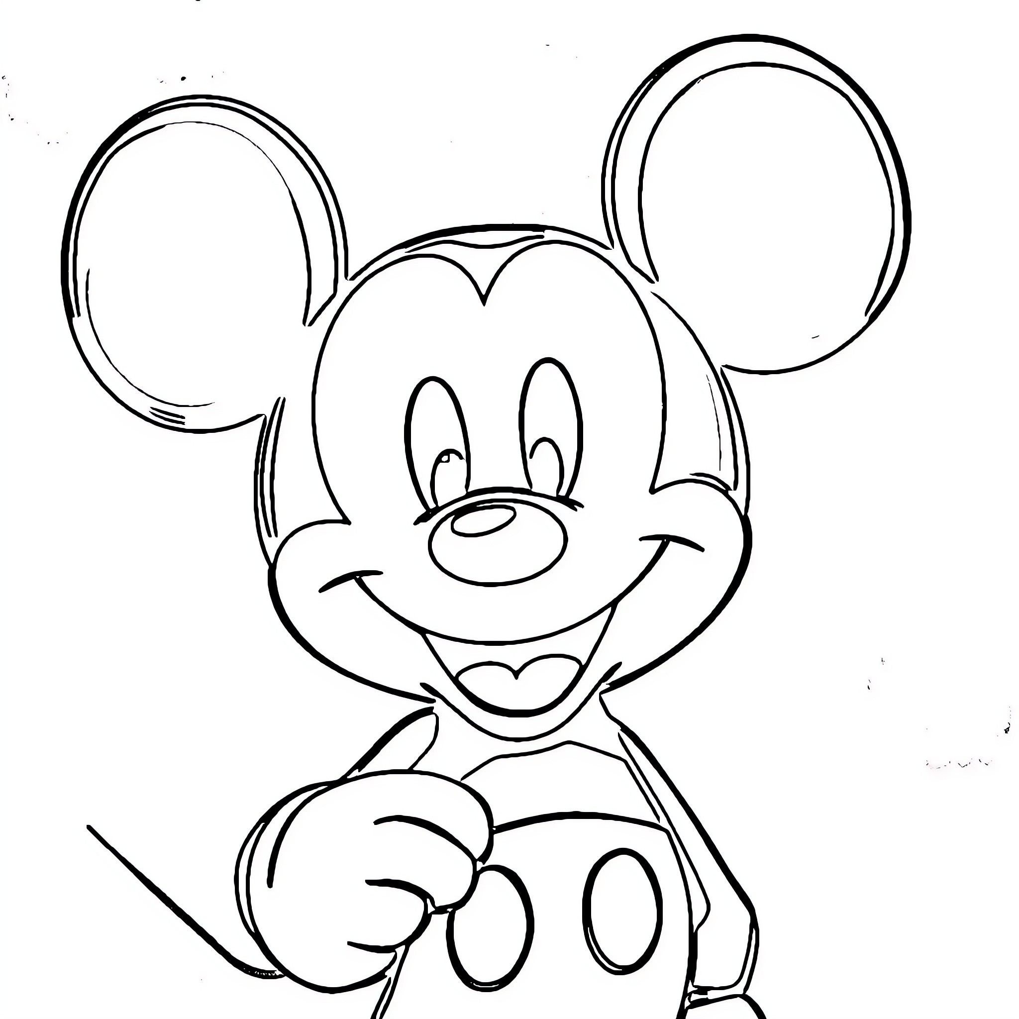 Mickey Mouse smiling and posing happily Coloring Page (free black-and-white line drawing printable PDF for all, from beginners to advanced learners, including children, teens, adults, and seniors)