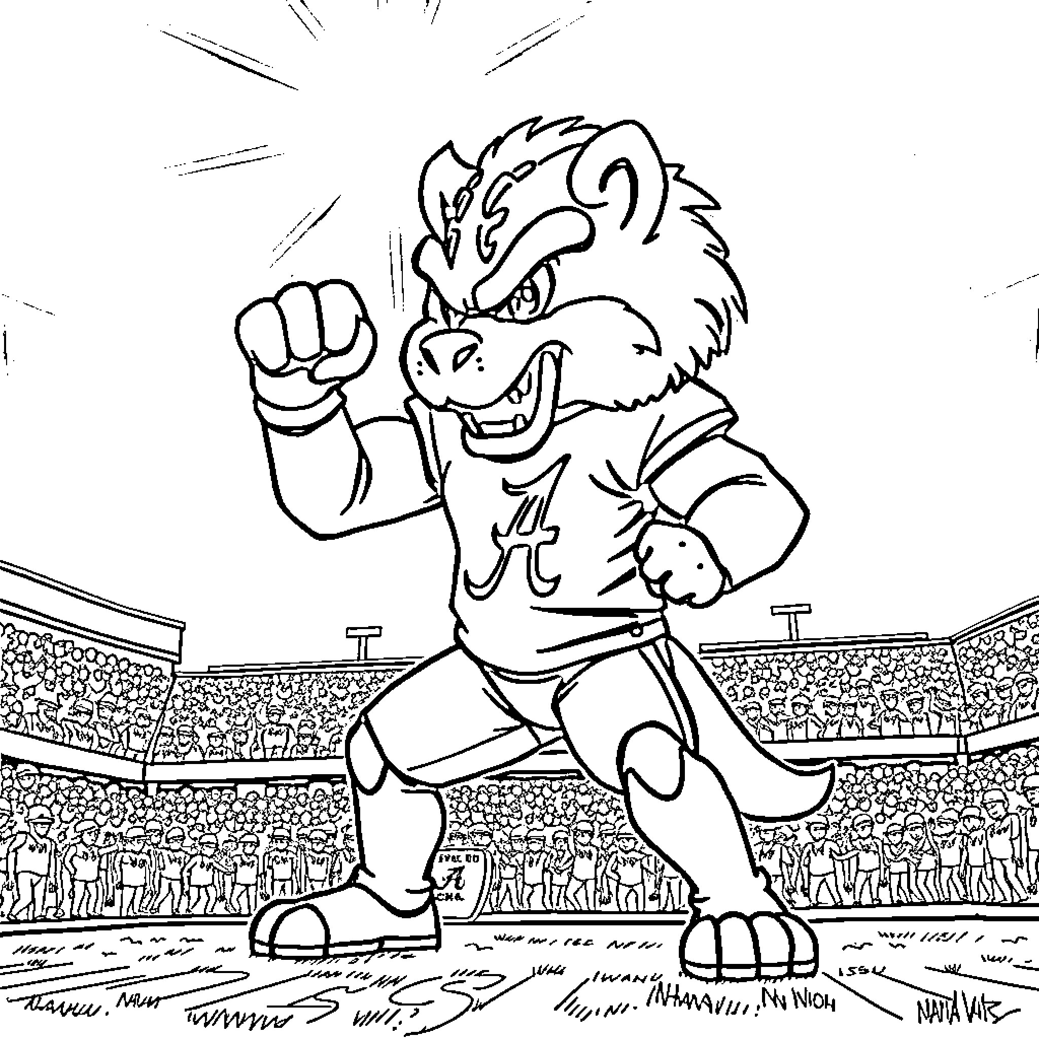 Mascot celebrating in a sports stadium Coloring Page (free black-and-white line drawing printable PDF for all, from beginners to advanced learners, including children, teens, adults, and seniors)