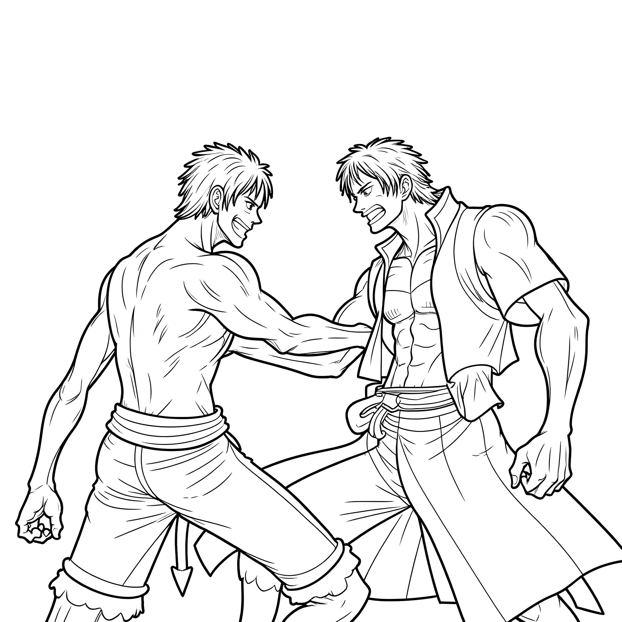 Luffy and Zoro engage in a fierce battle Coloring Page (free black-and-white line drawing printable PDF for all, from beginners to advanced learners, including children, teens, adults, and seniors)