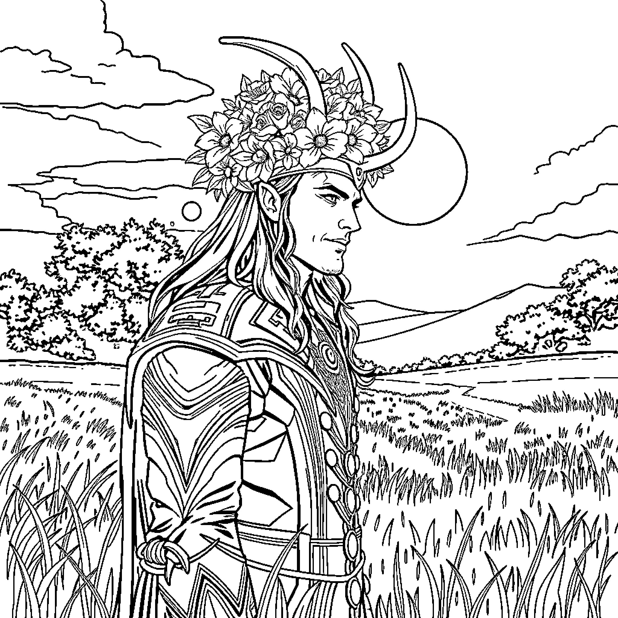 Loki in Ethereal Meadow with Floral Crown Coloring Page (free black-and-white line drawing printable PDF for all, from beginners to advanced learners, including children, teens, adults, and seniors)