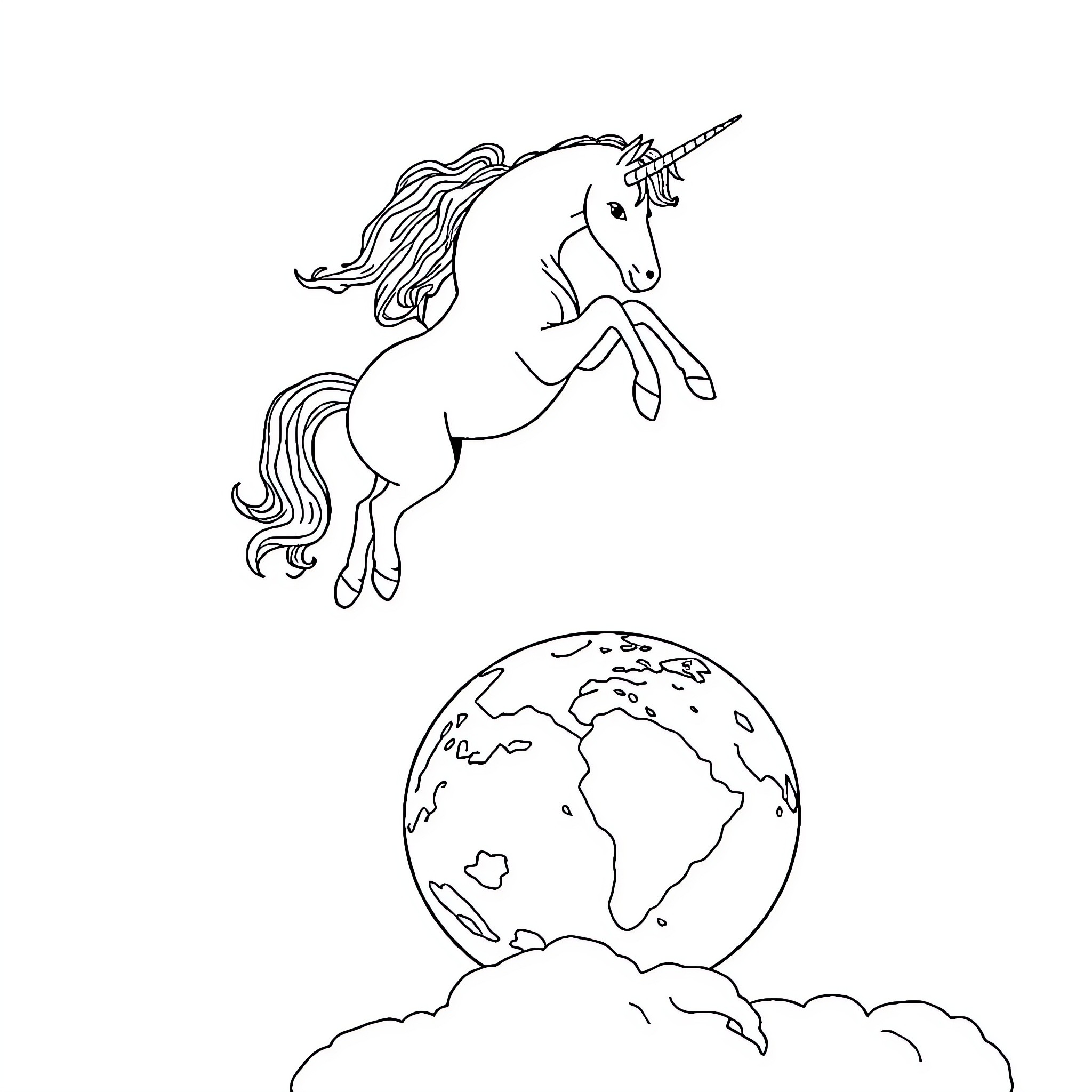 Unicorn leaping above the clouds and the Earth Coloring Page (free black-and-white line drawing printable PDF for all, from beginners to advanced learners, including children, teens, adults, and seniors)
