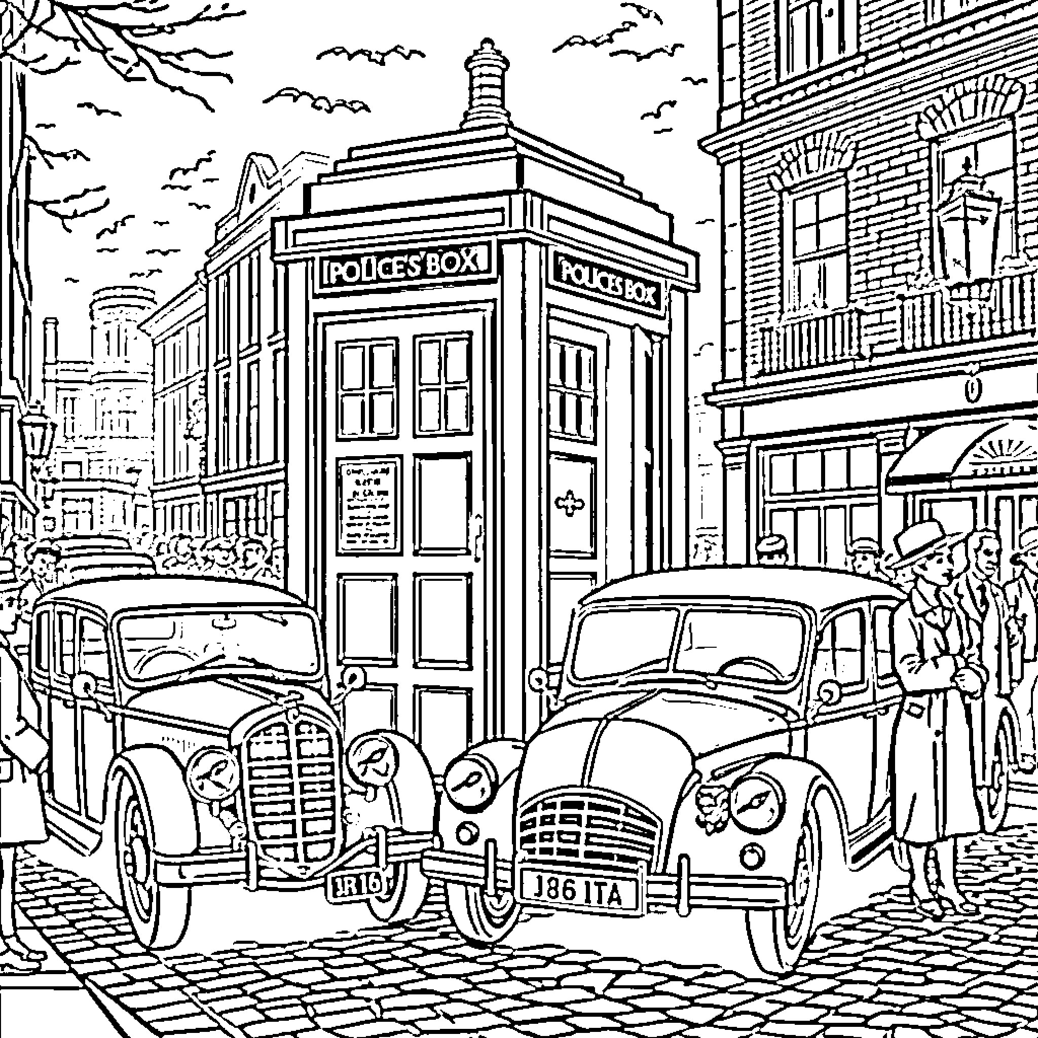 TARDIS in a Vintage City Street Scene Coloring Page (free black-and-white line drawing printable PDF for all, from beginners to advanced learners, including children, teens, adults, and seniors)