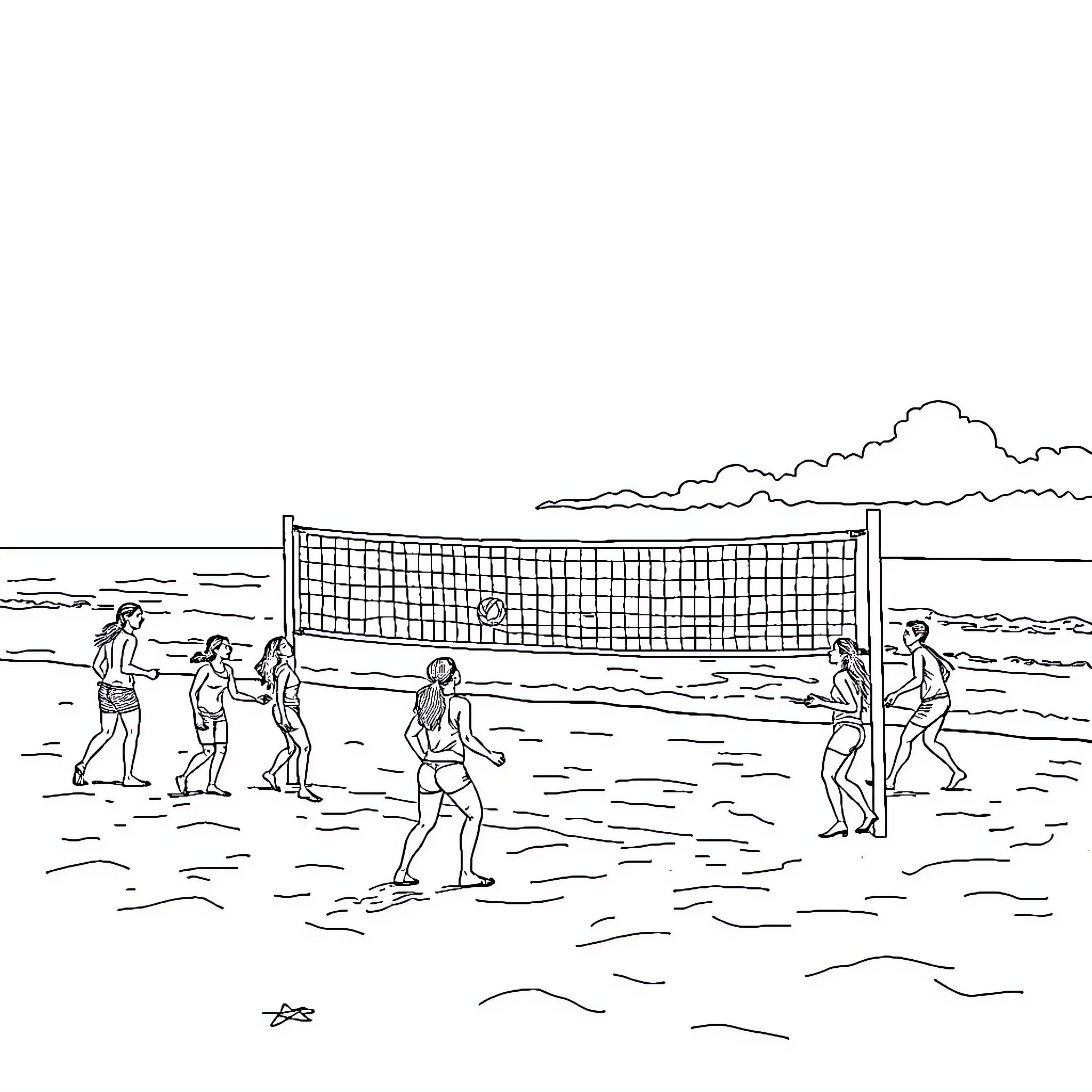 Person playing volleyball on the beach Coloring Page (free black-and-white line drawing printable PDF for all, from beginners to advanced learners, including children, teens, adults, and seniors)