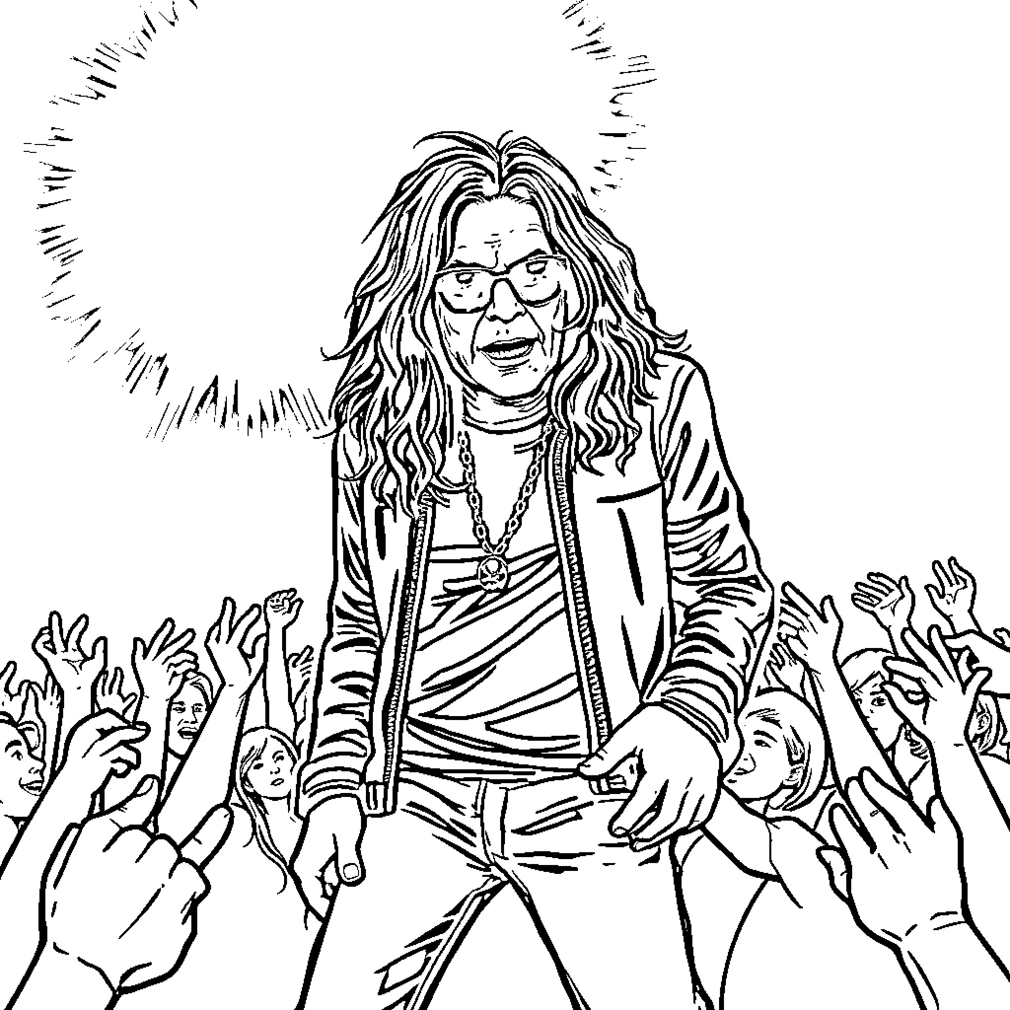 Ozzie Osbourne performing energetically on stage Coloring Page (free black-and-white line drawing printable PDF for all, from beginners to advanced learners, including children, teens, adults, and seniors)