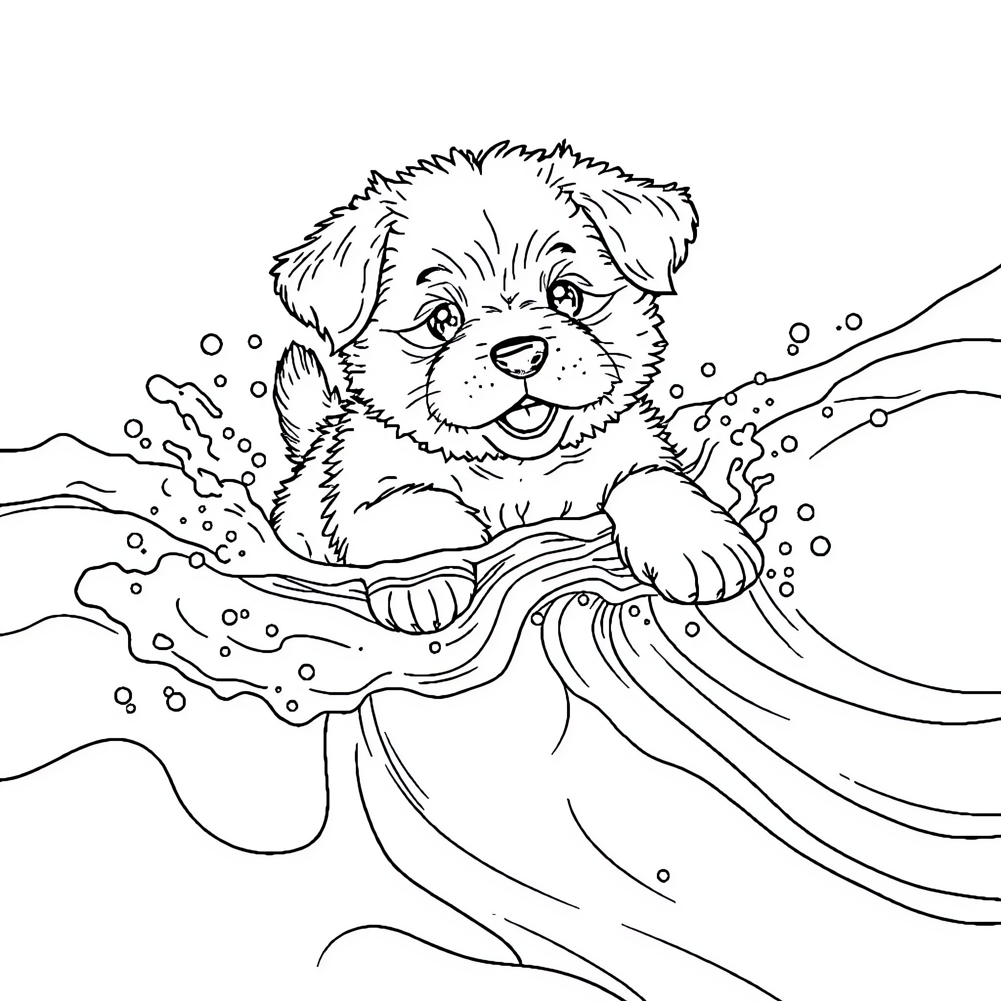 Puppy playing joyfully in the waves Coloring Page (free black-and-white line drawing printable PDF for all, from beginners to advanced learners, including children, teens, adults, and seniors)