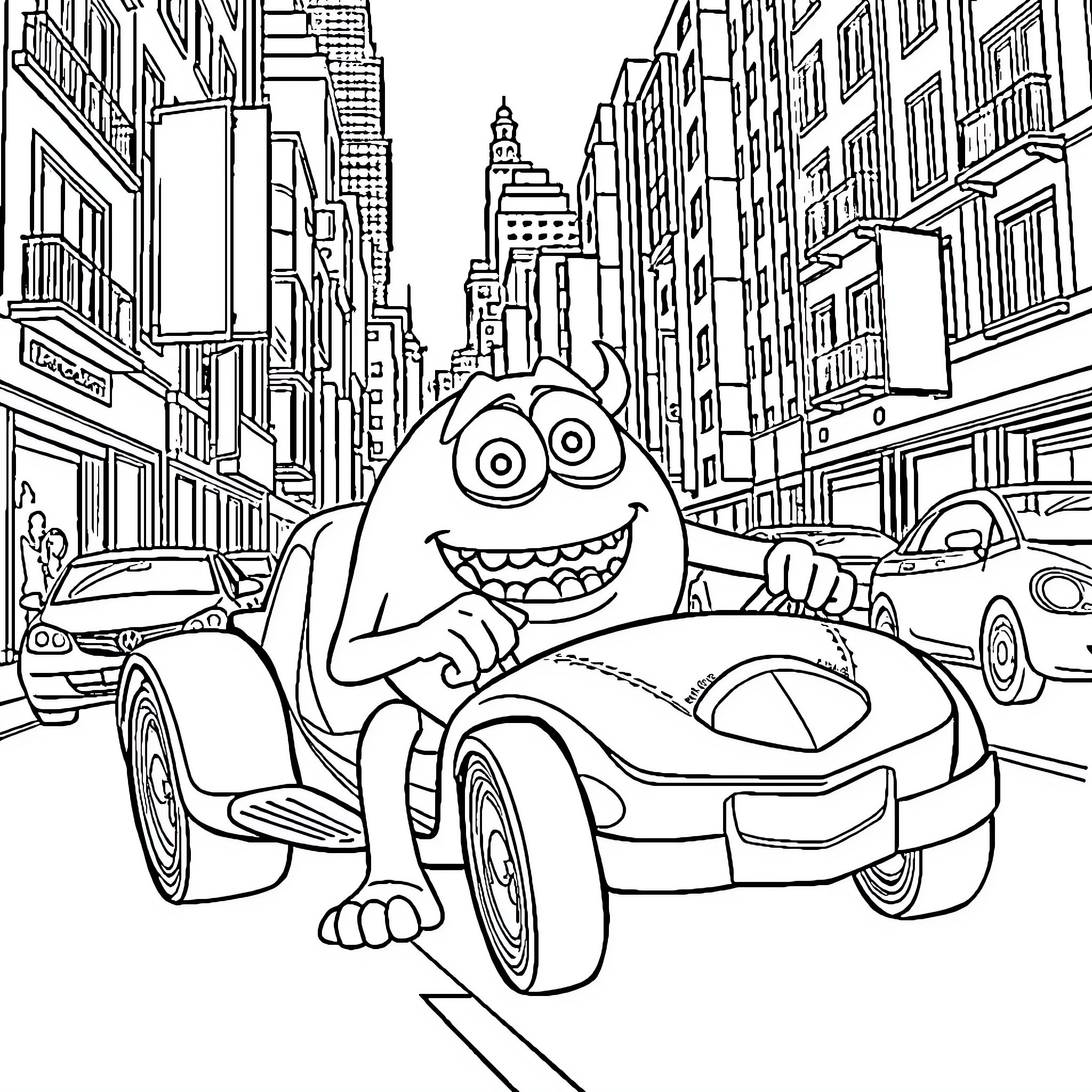 Mike Wazowski driving a sports car in the city Coloring Page (free black-and-white line drawing printable PDF for all, from beginners to advanced learners, including children, teens, adults, and seniors)